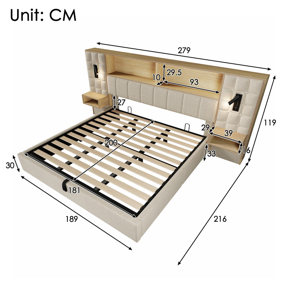 POLSTERBETT 180/200 cm aus Leinen mit Stauraum LED-Leselampen und Nachttischen Beige - Beige, Textil (180/200cm) - Modenvie