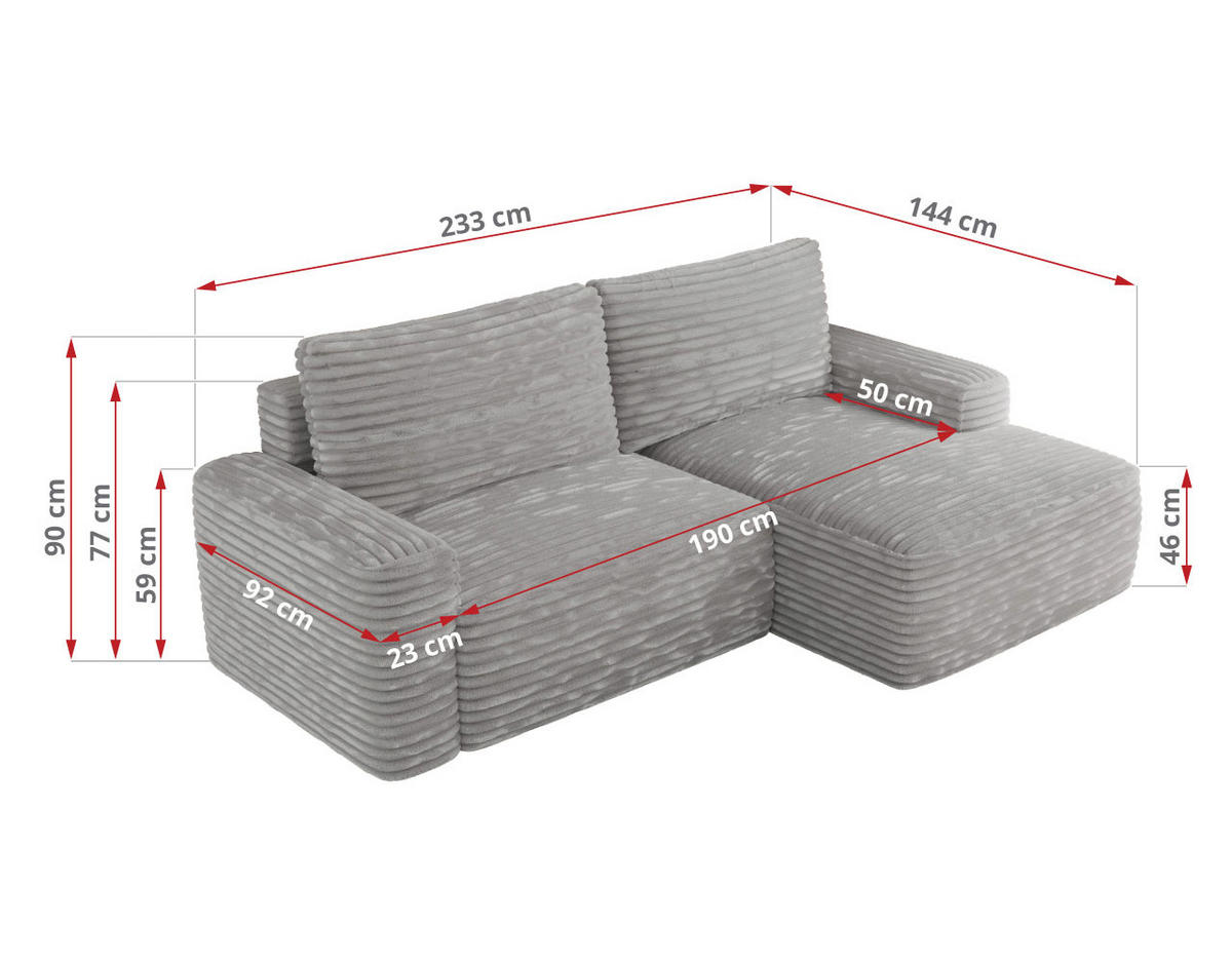 ECKSOFA BELLUNO L Grau Cord - Rechts - Schwarz/Grau, Textil (233/144cm) - MKS