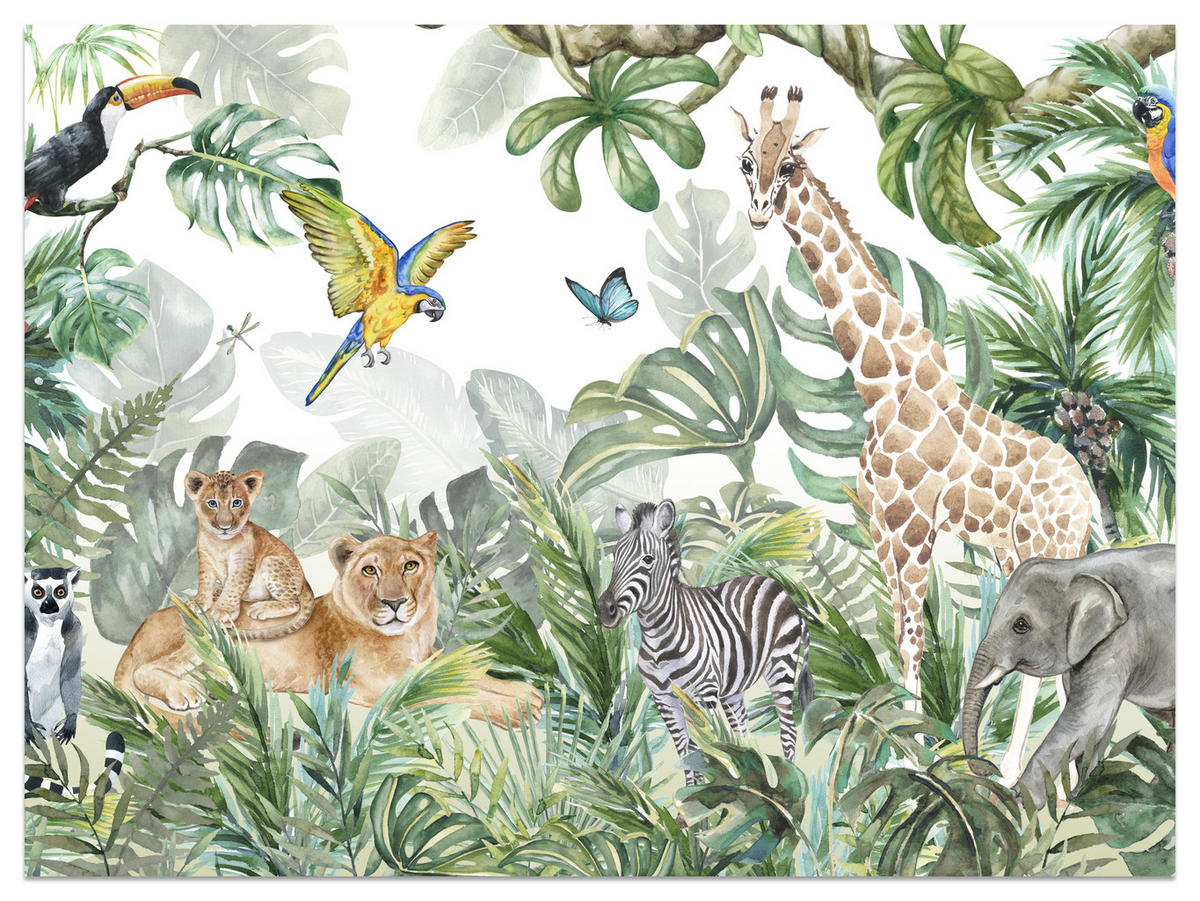 FOTOTAPETE für Kinderzimmer Tropen Dschungel Tiere Palmen Monstera 350x256 - Beige/Orange, Papier (350/256cm) - Muralo