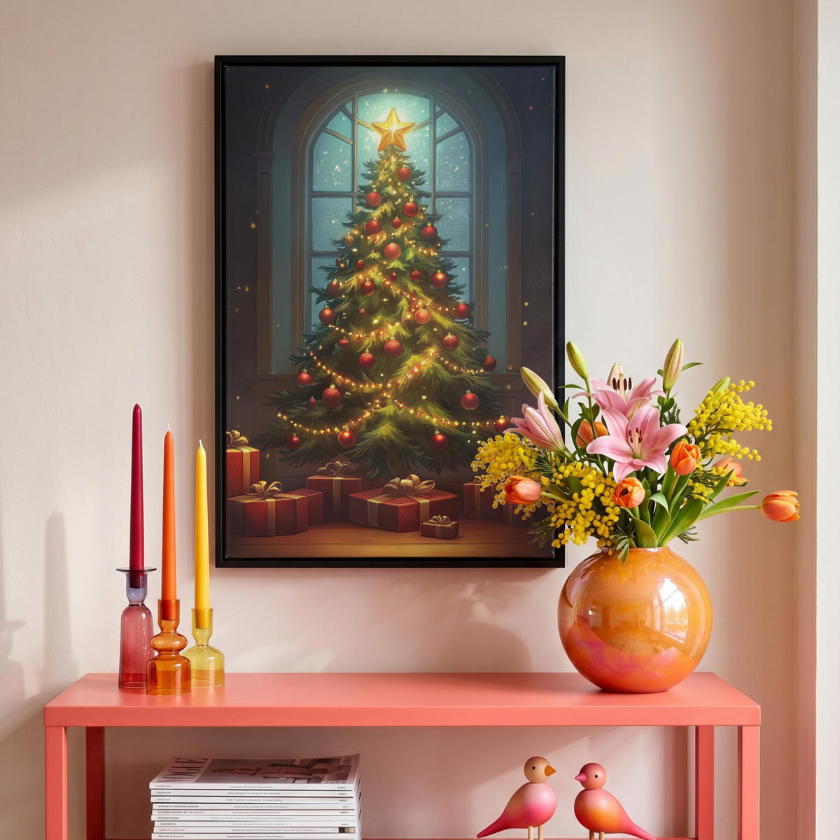 LEINWAND Bilder mit Rahmen - Weihnachtsbaum - Geschenk - Winter - 40x60 - Grün, Textil (40/60cm) - MuchoWow