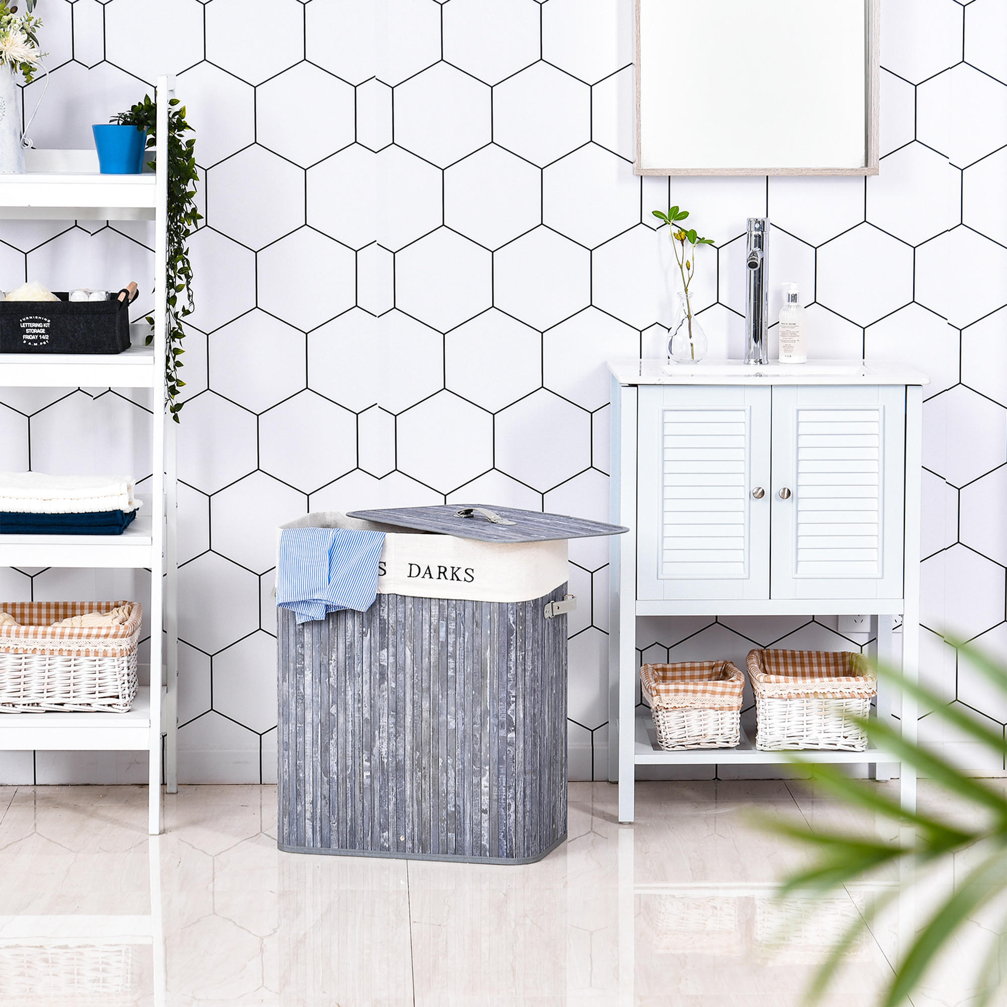 WÄSCHEKORB, Bambus, Segeltuch, PU, Grau - Grau, Naturmaterialien (32/63/52cm) - HOMCOM