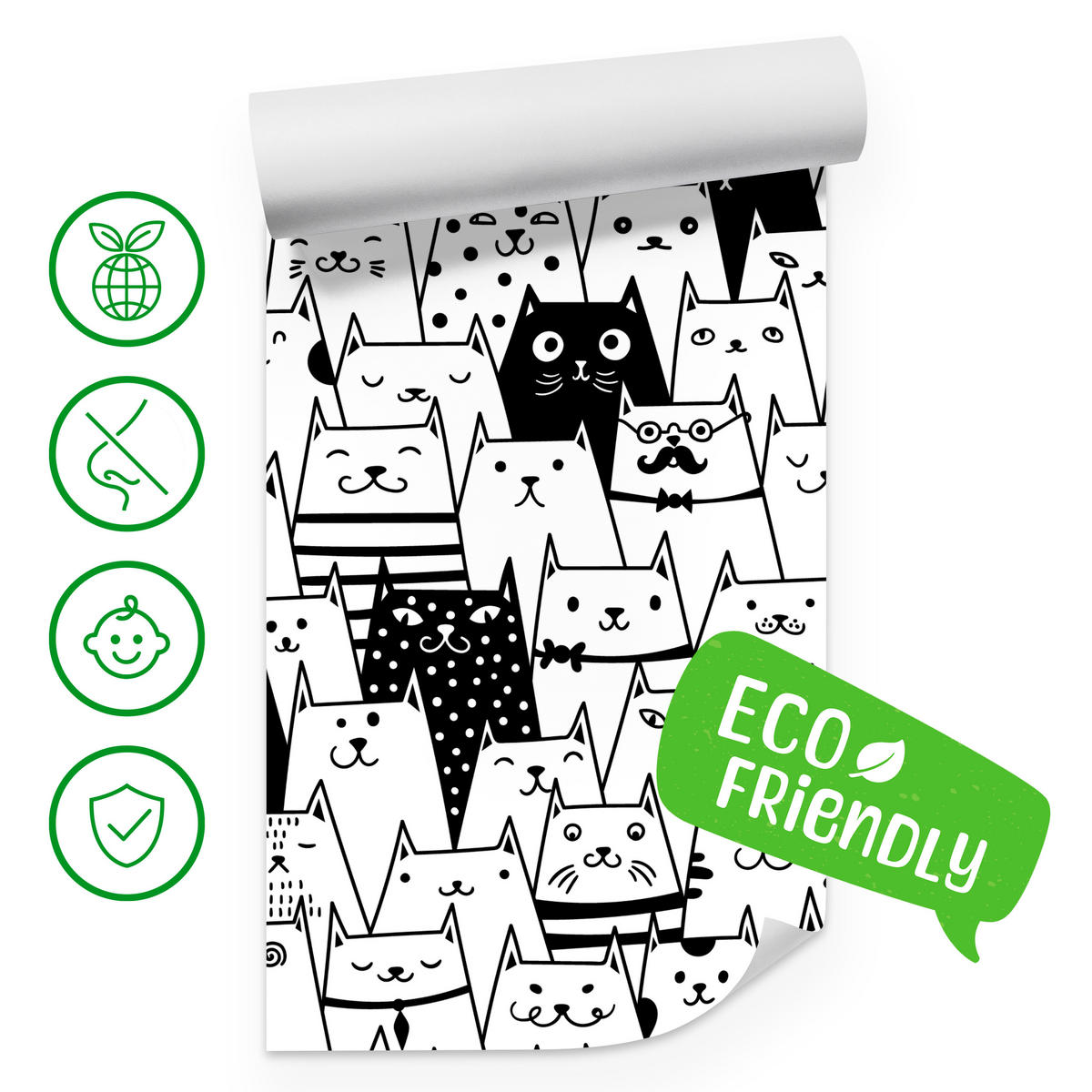 FOTOTAPETE für Kinderzimmer Schwarze Weiße Comic Katzen 350x256 - Schwarz/Weiß, Papier (350/256cm) - Muralo