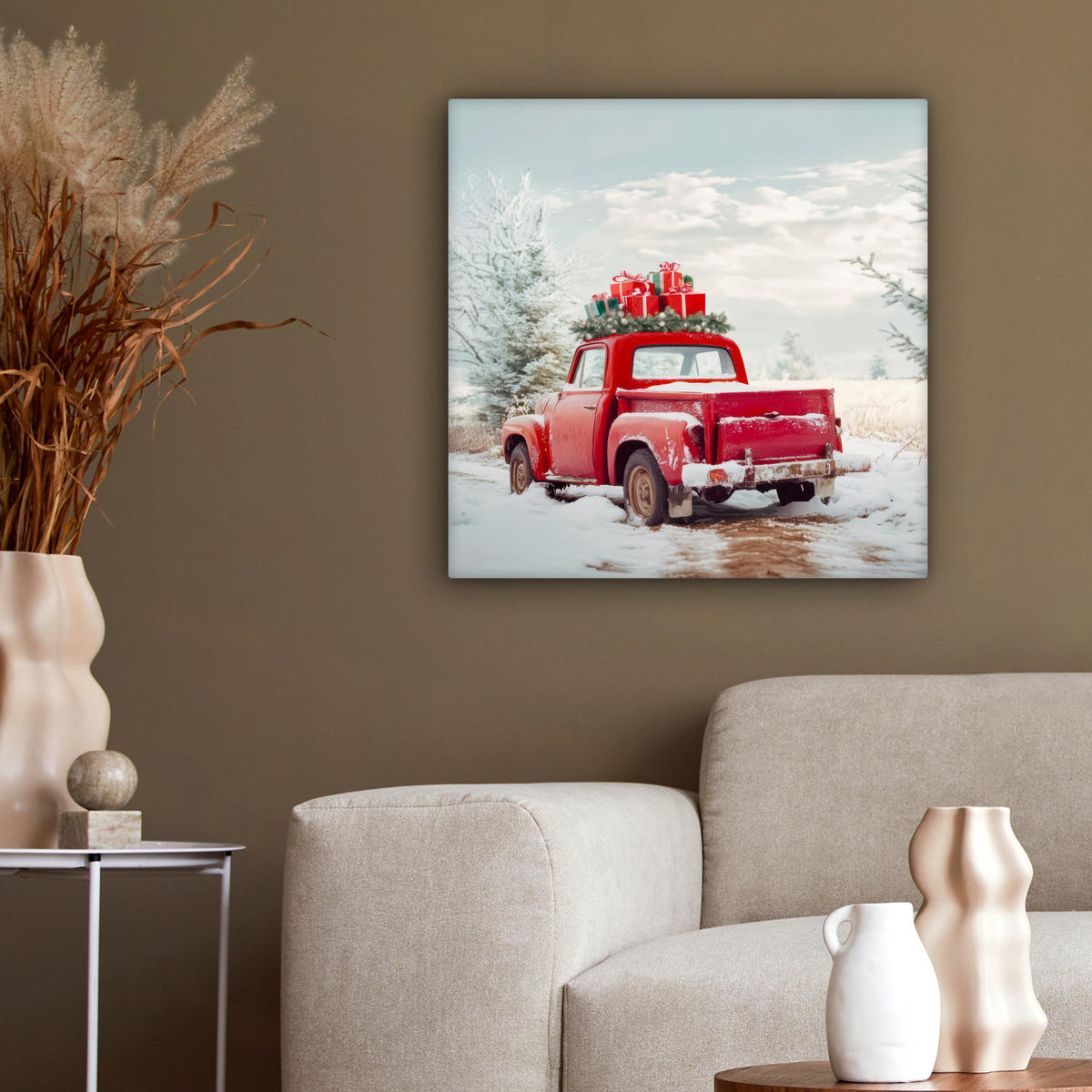 LEINWANDBILD Auto - Rot - Geschenke - Winter - Schnee - Weihnachten 50x50 cm - Rot, Textil (50/50cm) - MuchoWow