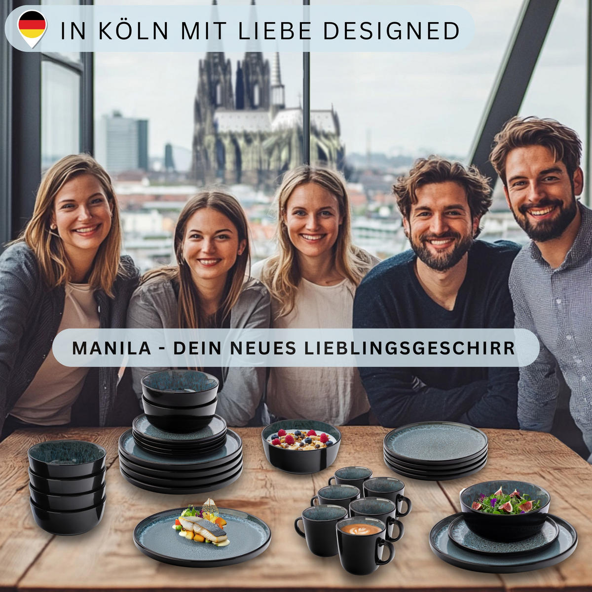 TAFELSERVICE MANILA - 18 teilig aus Steingut - Blau, Stein (33/34/46.5cm) - Sänger
