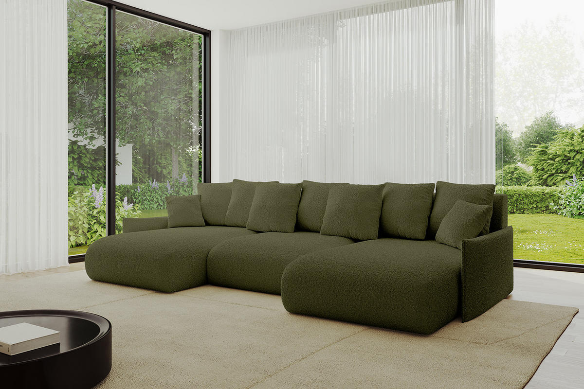 WOHNLANDSCHAFT mit Schlaffunktion und Bettkasten ONESK-U-v1 304x165x40 Grün Bouclé - Grün, Holzwerkstoff/Kunststoff (304/90/165cm) - ALTDECOR