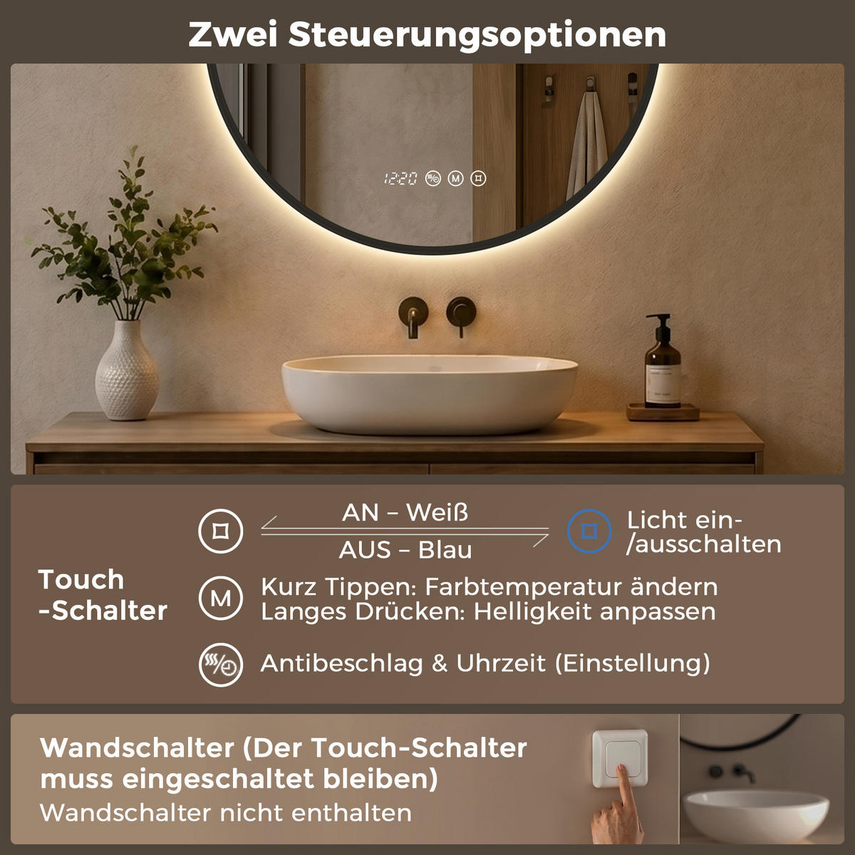 BADSPIEGEL mit Beleuchtung 60 cm rund schwarz mit Aluminiumrahmen, LED dimmbar und Antibeschlag - Schwarz, Glas (60/60/3.3cm) - S'AFIELINA