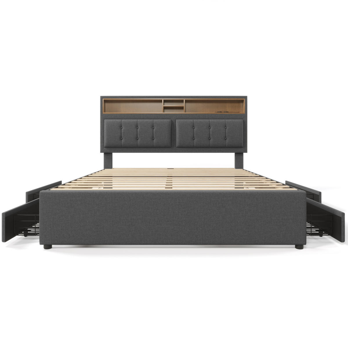 POLNJENA postelja iz lana 160x200 cm siva z vzmetnico, nastavljivim vzglavjem, USB-C priključkom in 4 predali - siva, tekstil (160/200cm) - Modfu