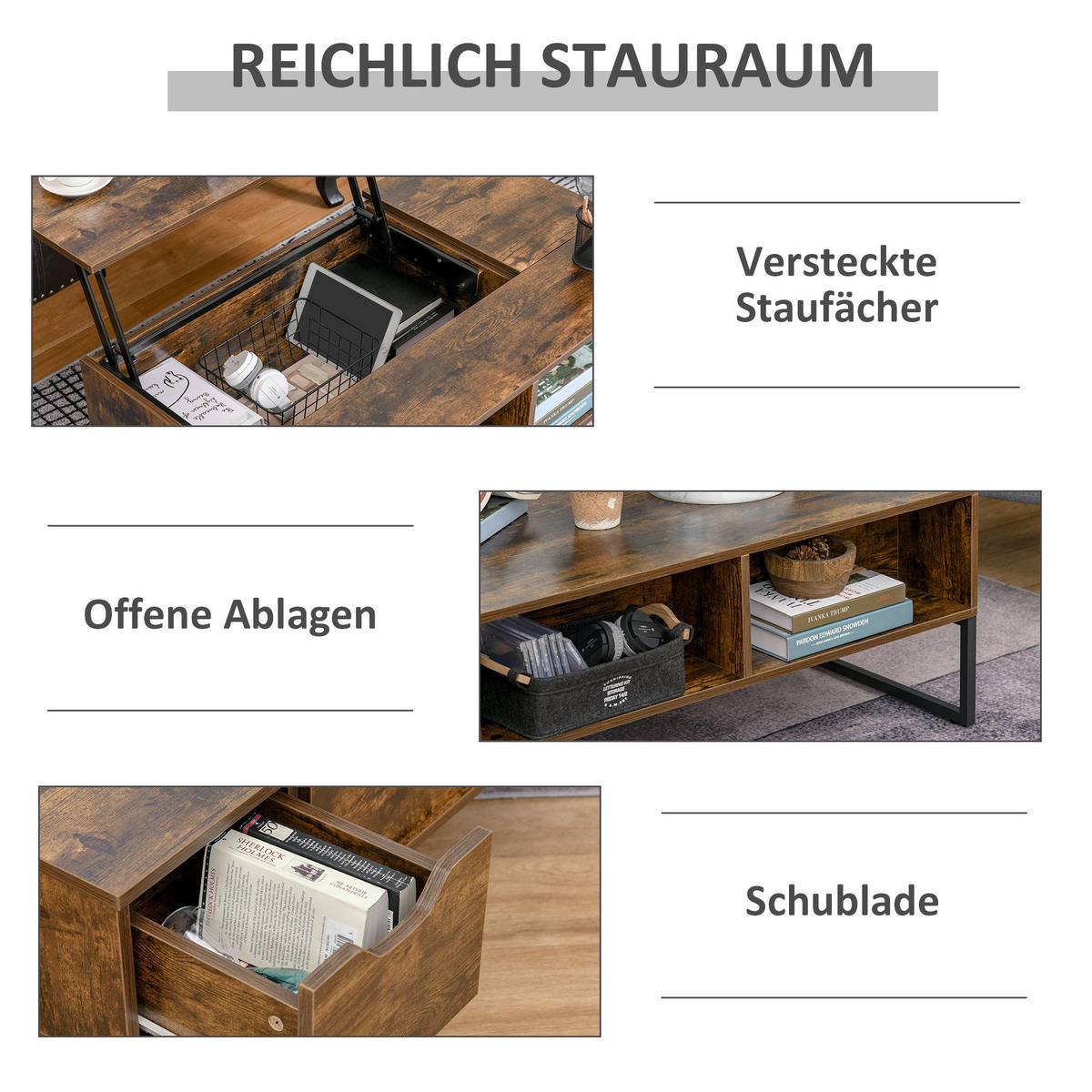 COUCHTISCH Höhenverstellbar, Spanplatte, Metall, Braun - Braun, Holzwerkstoff/Metall (100/60/44cm) - HOMCOM