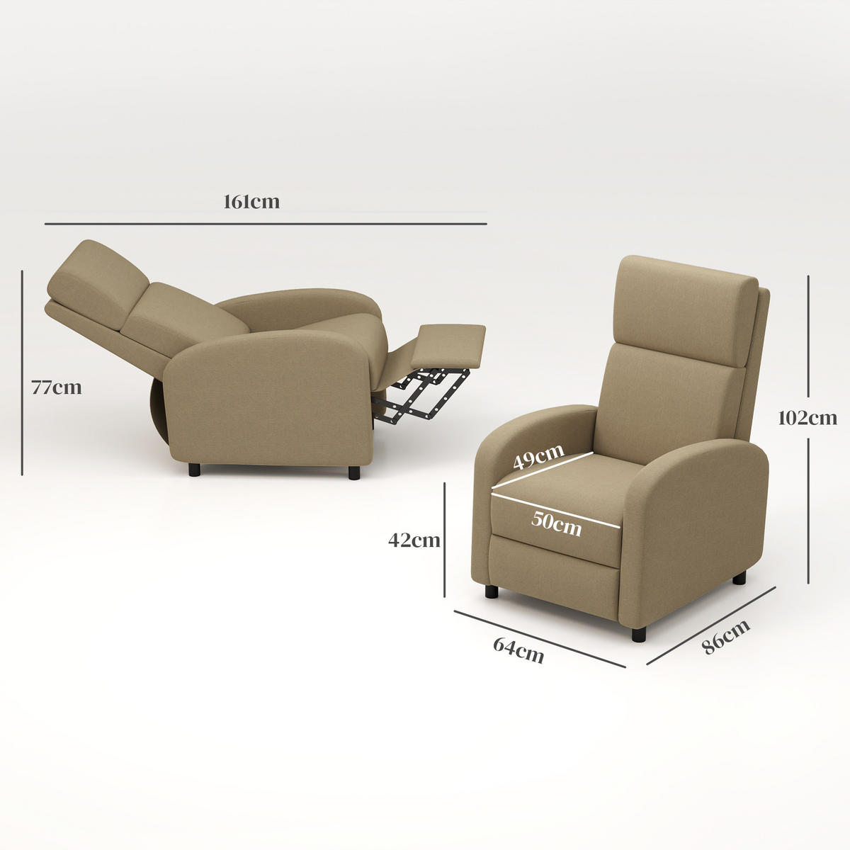 RELAXSESSEL DE-15379 160° neigbar mit integrierter Fußstütze - Beige, Textil (86/102/64cm) - ComfortXL