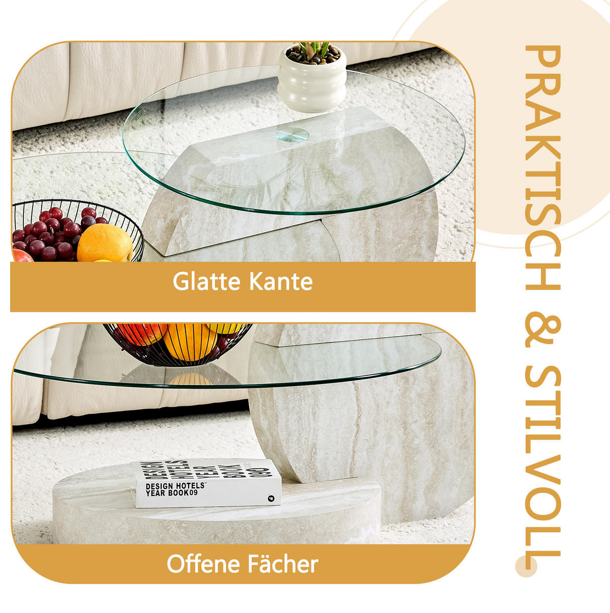 COUCHTISCH 70/70/44 cm mit Sicherheitsglas und mehrstufigen Ablagen in Steinoptik, Transparent - Transparent, Holzwerkstoff (70/70/44cm) - Redom