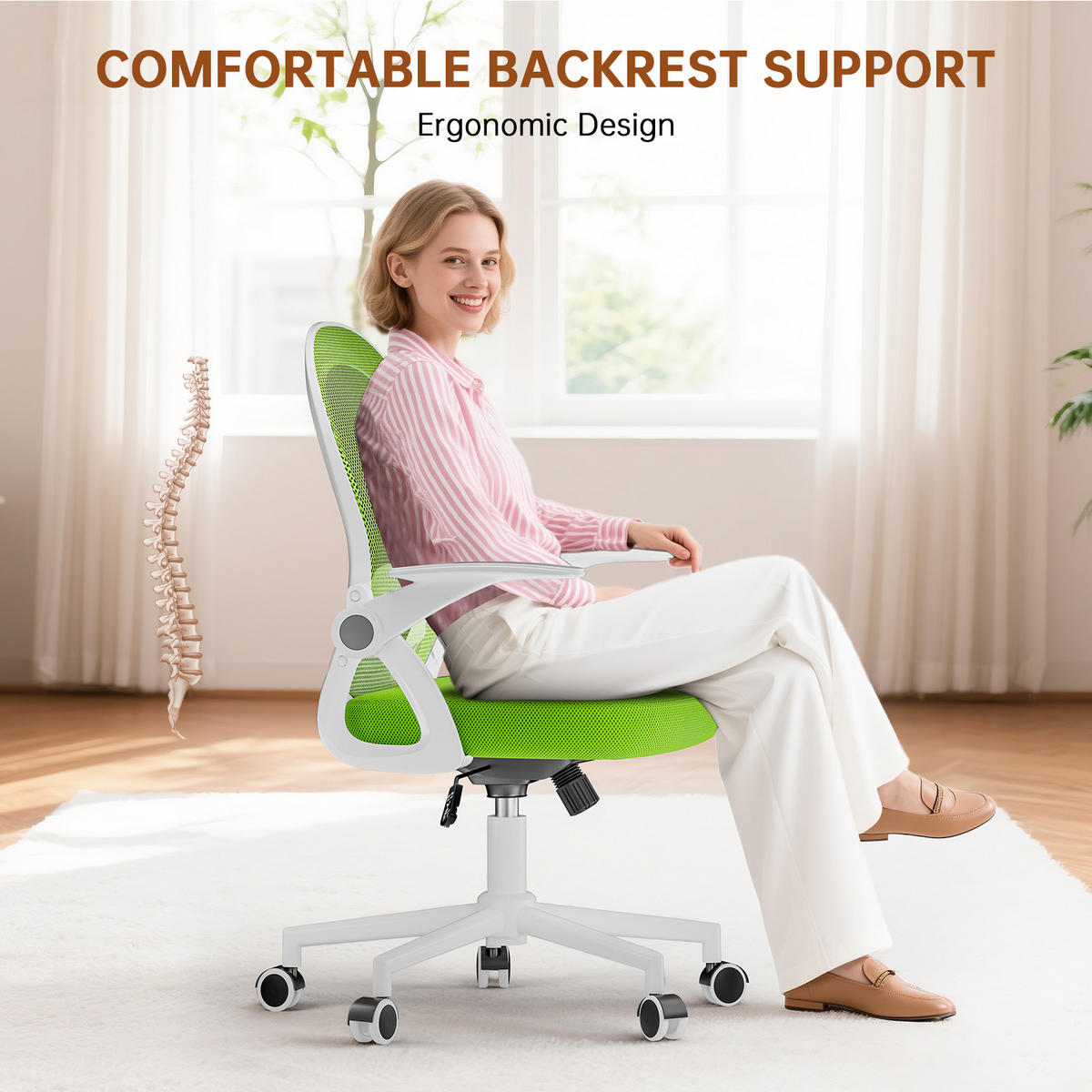 BÜROSTUHL Weiß-Bright Green ergonomisch mit Mesh Rückenlehne - Hellgrün, Metall (25/53/56cm) - Rattrix