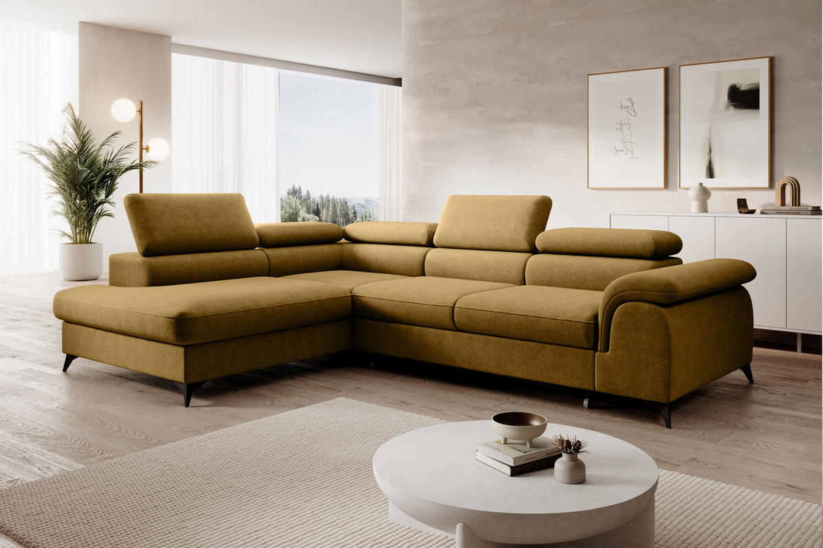 ECKSOFA PLAZA L Links mit Schlaffunktion 125x195 Velours Gold - Goldfarben/Schwarz, Holz/Kunststoff (205/275cm) - Muffo
