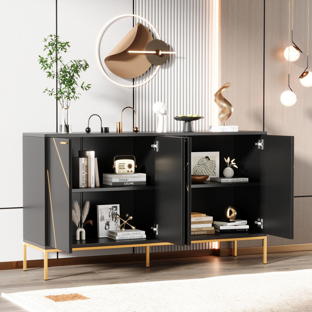 SIDEBOARD 150x40x80 cm, Metallfüße, Goldgriffe, Schwarz - Schwarz, Holz (150/80/40cm)