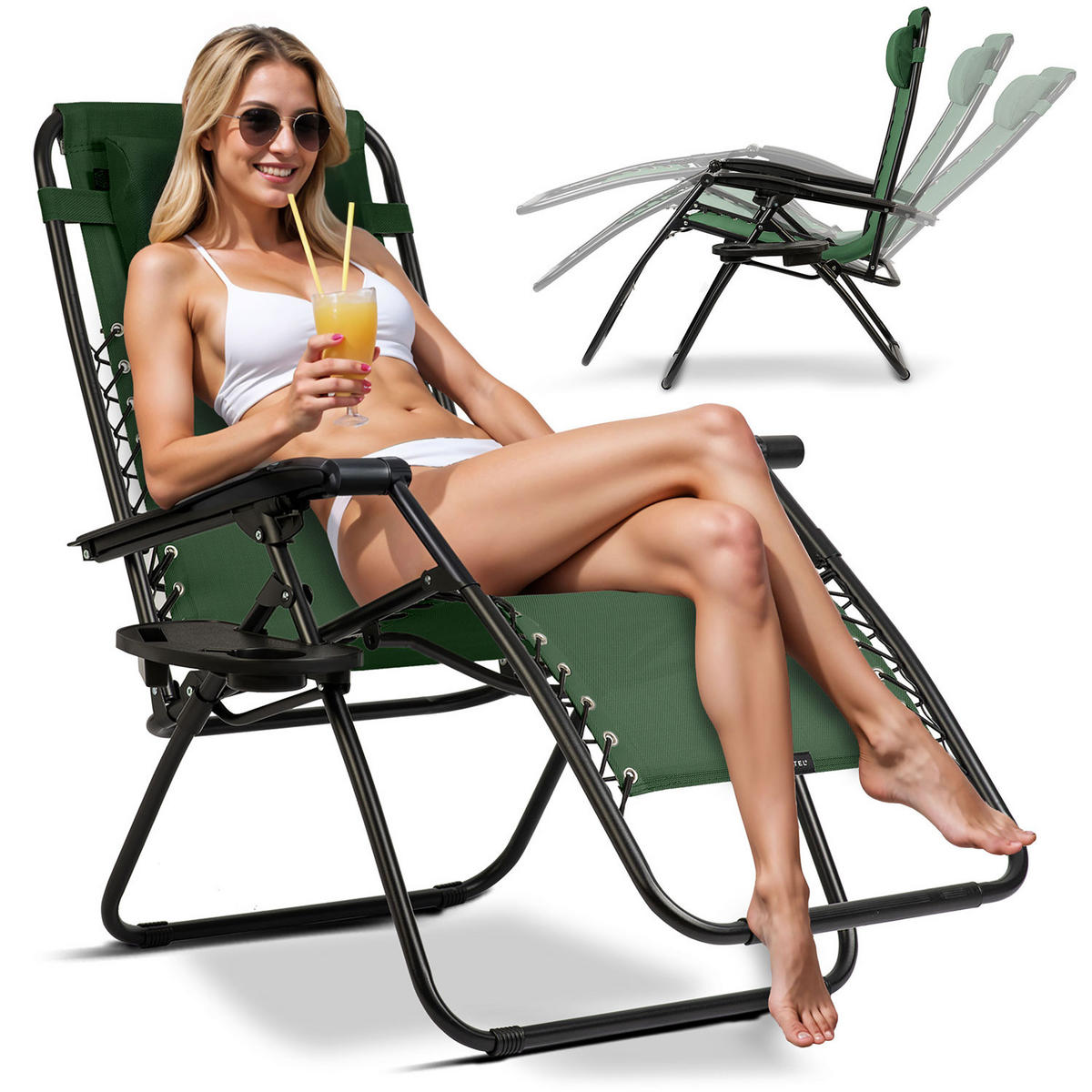 GARTEN-RELAXSESSEL Klappbarer mit Kissen, Grün - Grün, Metall (60/102/110cm)