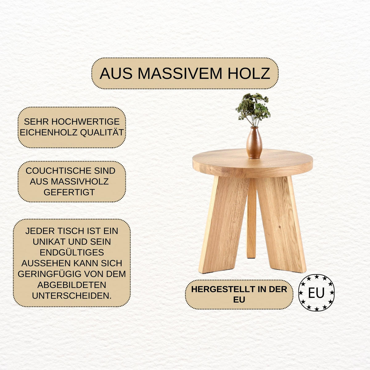 COUCHTISCH Eichenholz vollmassiv rund Naturbelassenen 50/50/45 - Naturfarben, Holz (50/50/45cm)