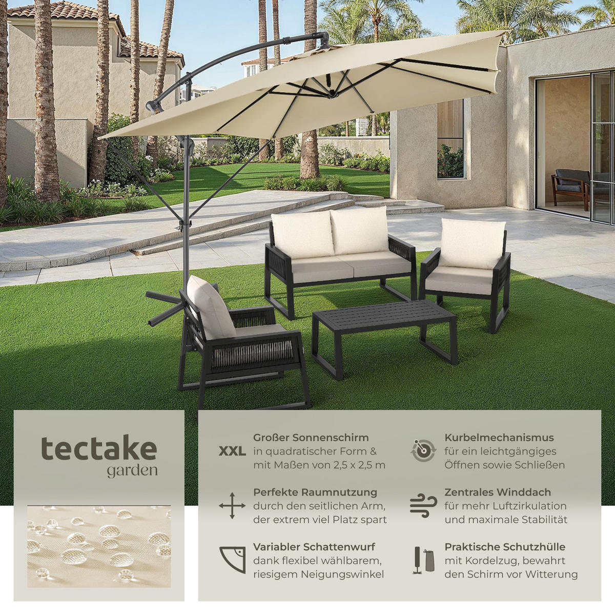 SONNENSCHIRM Apollon, inkl. Windsicherung und Schutzhülle, beige - Beige, Kunststoff (250/300cm) - tectake