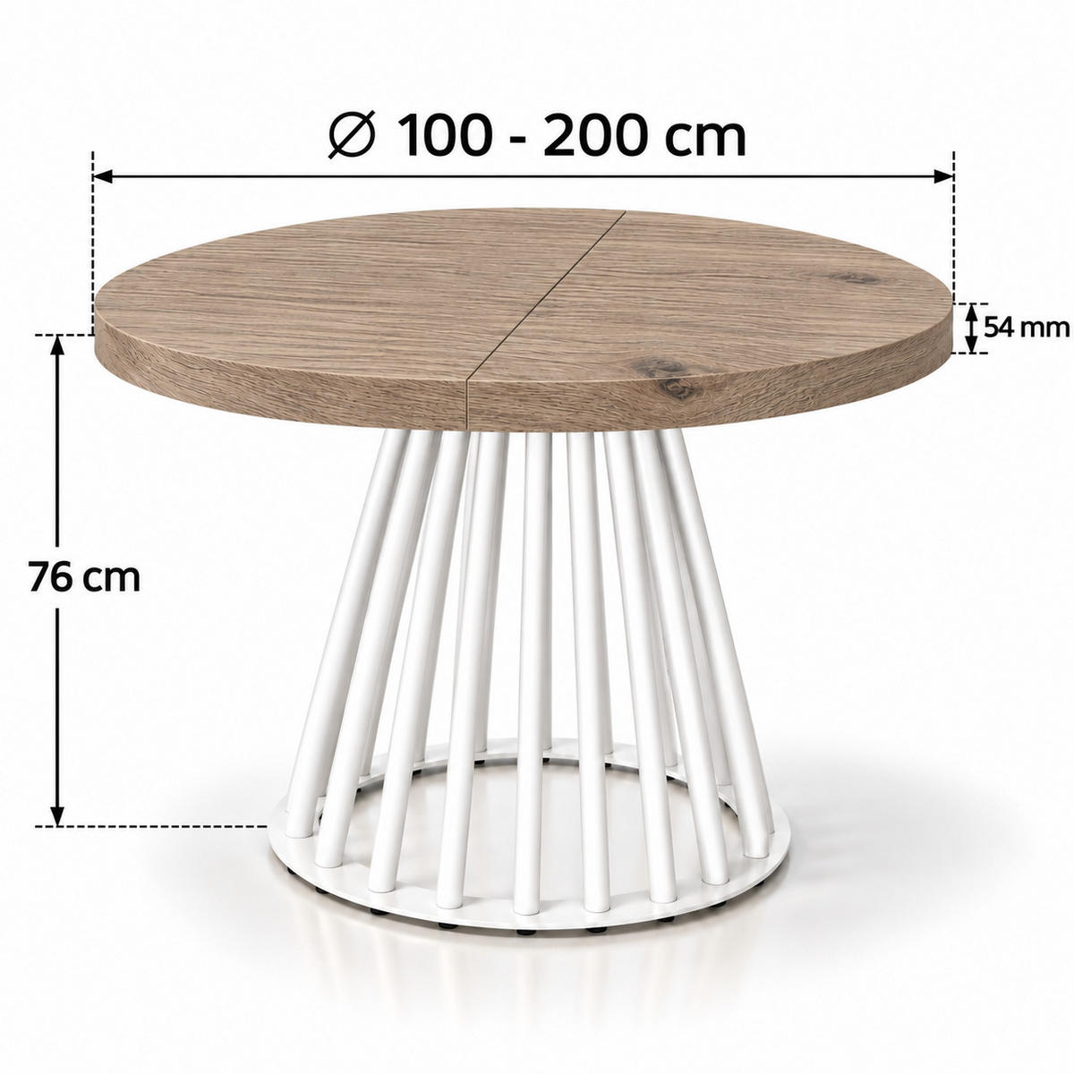 ESSTISCH rund ausziehbar 100/200/76 cm, Braun Eiche Halifax Egger, 54 cm Tischplatte + Lamellen-Metallgestell Weiß - Eichefarben/Graubraun, Holzwerkstoff/Metall (100/200/76cm) - Damale Möbel
