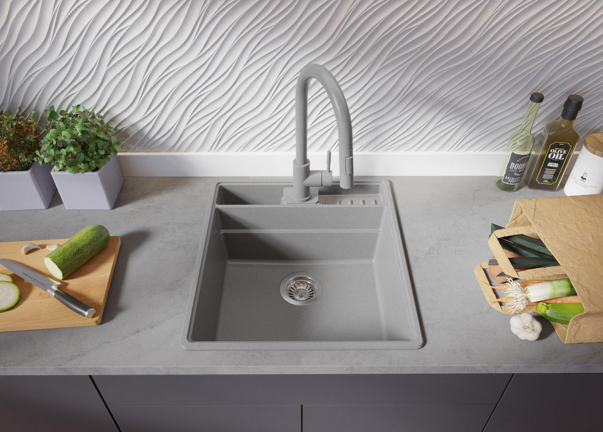 GRANITSPÜLE New York, 2-er set Grau 48/53 cm 1 Becken + Küchenarmatur 32/20 cm + Ablauf-Set + Küchenzubehörset ab 50er Unterschrank - Chromfarben/Beige, Kunststoff (48/20/53cm) - Primagran