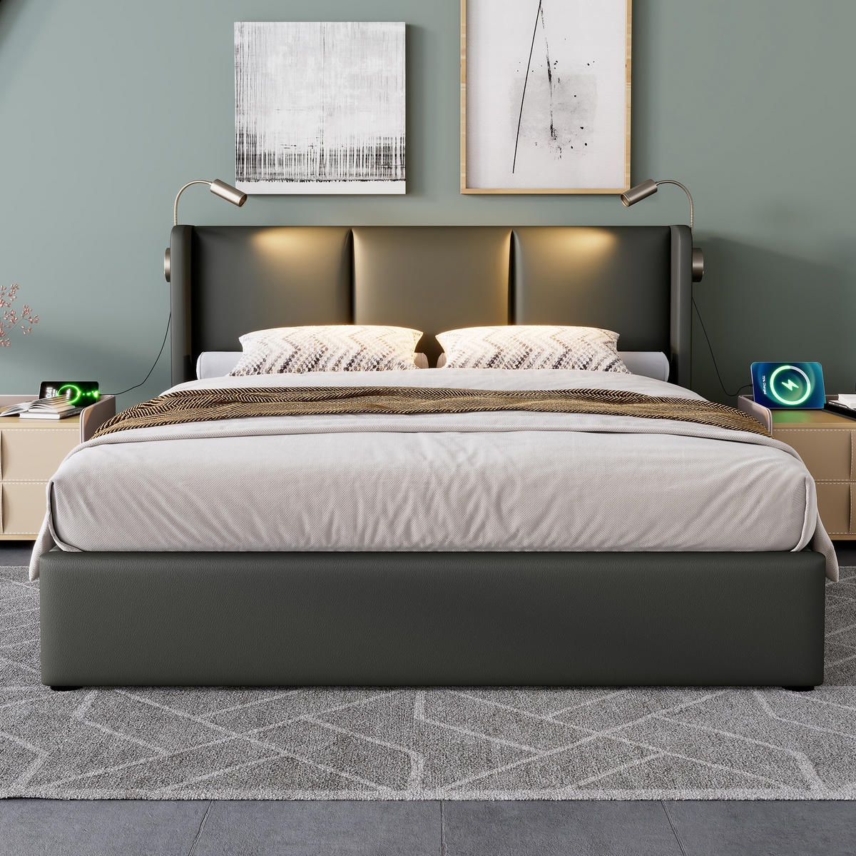 POLSTERBETT aus PU 160x200 cm Grau mit Bettkasten, Leselampe und USB-Ladefunktion - Grau, Leder (160/200cm) - IVMEU