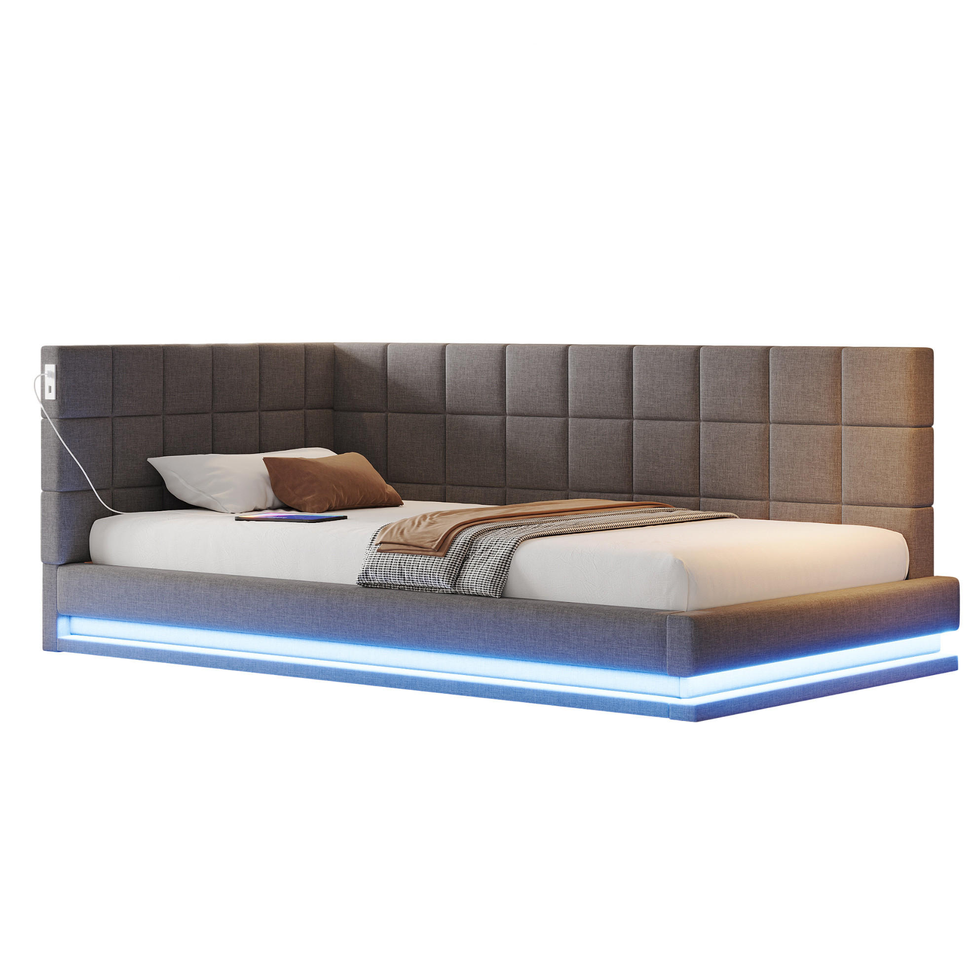 POLSTERBETT mit LED-Beleuchtung 90/200 cm mit USB und Lattenrost, Grau - Grau, Textil (90/200cm) - BEAOK