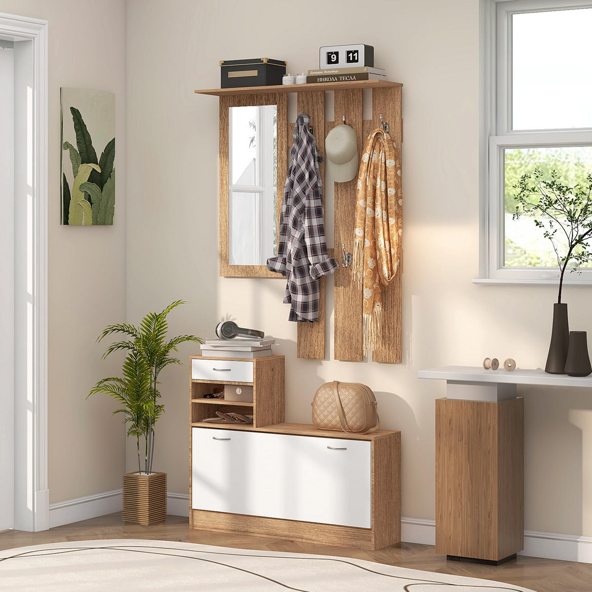 GARDEROBE DE-16812 3-in-1 mit Spiegel, 6 Haken & Schuhbank - Walnussfarben, Holzwerkstoff (10/102/90cm) - ComfortXL