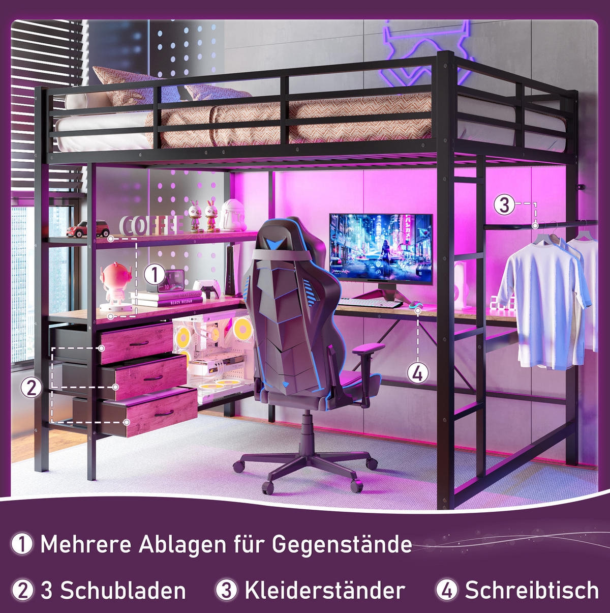 HOCHBETT 140/200 cm aus Metall/MDF mit Schreibtisch, LED-Beleuchtung und 3 Schubladen Schwarz - Schwarz, Metall (140/200cm) - Modenvie