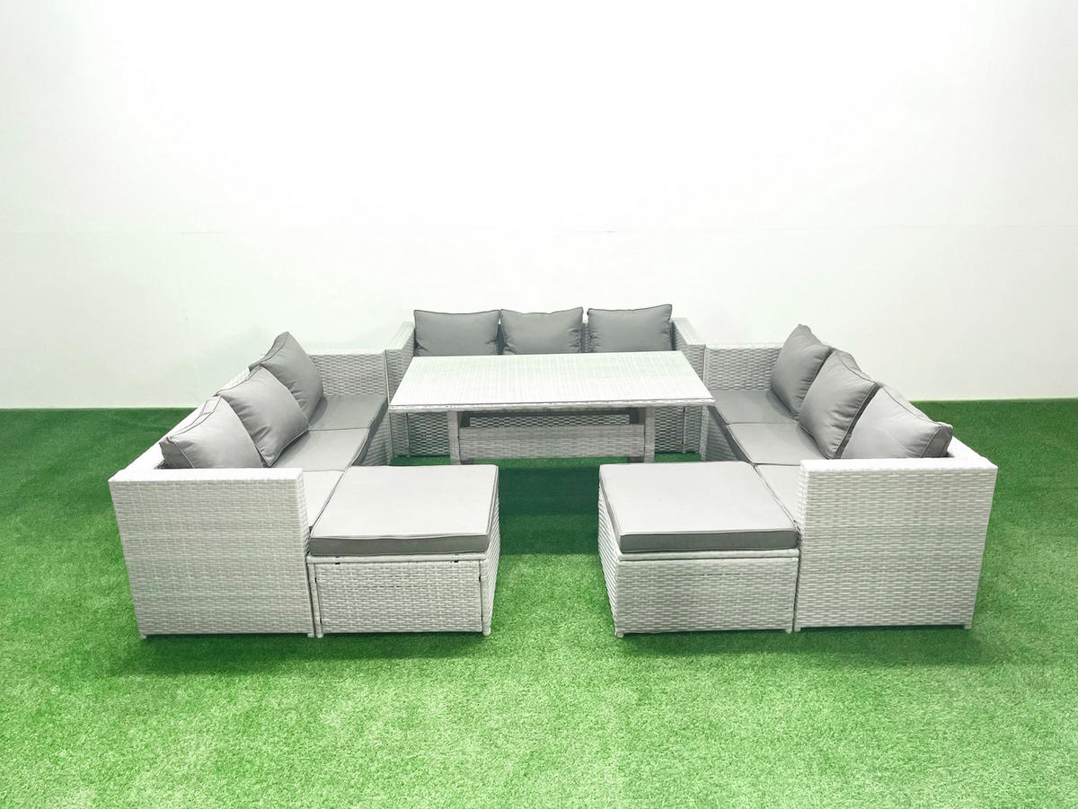 GARTENSET mit Esstisch,Sofa,2 Großer Fußhocker Polyrattan Hellgrau 11-Sitzer - Hellgrau/Grau, Glas/Kunststoff - Fimous