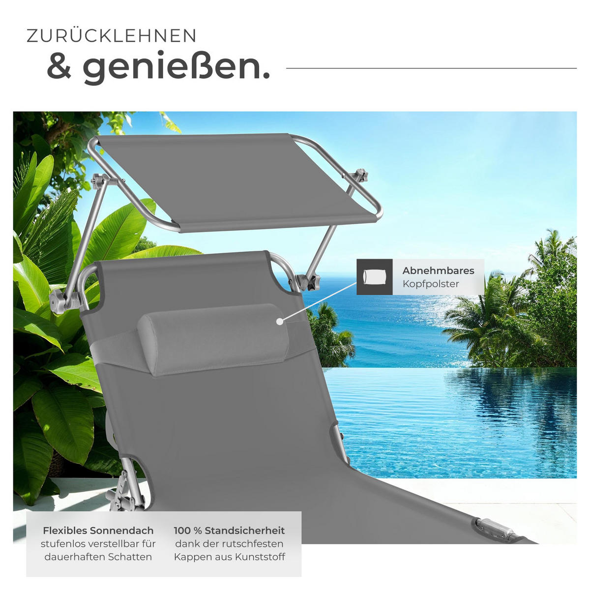 GARTENLIEGE 2er Set Chloé,190 x 68 x 65 cm,grau - Grau, Kunststoff (68/65/190cm) - tectake