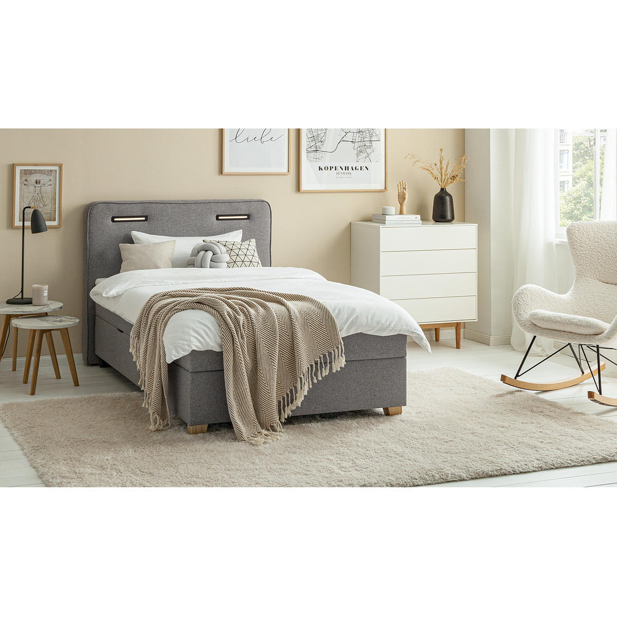 BOXBETT mit Stauraum - inkl. Beleuchtung - Taupe/Grau, Holz/Textil (100/200cm) - home24