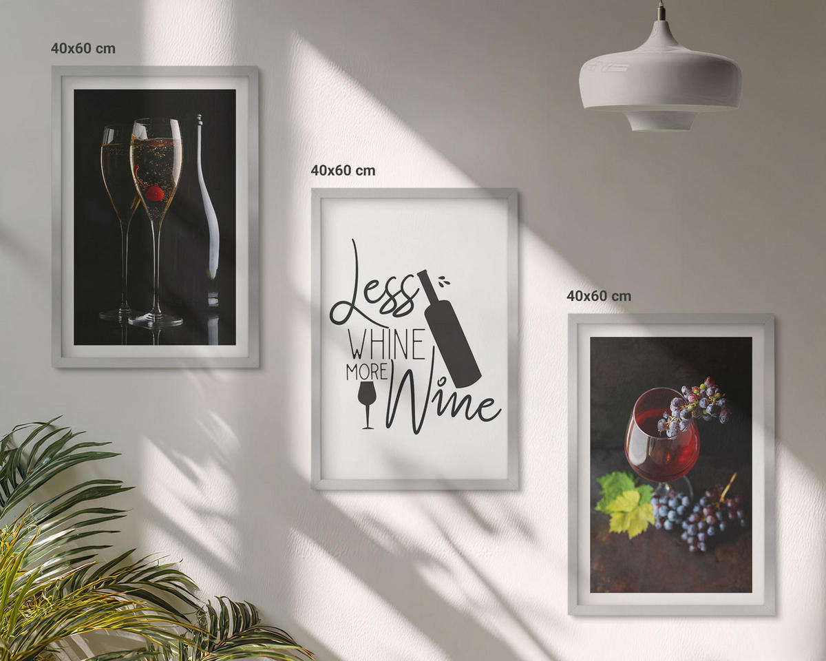 BILDER SET 3er Set - 40x60 cm Silberner Rahmen - Weingläser mit Trauben und Inschrift - Silberfarben, Kunststoff (40/60cm) - TULUP