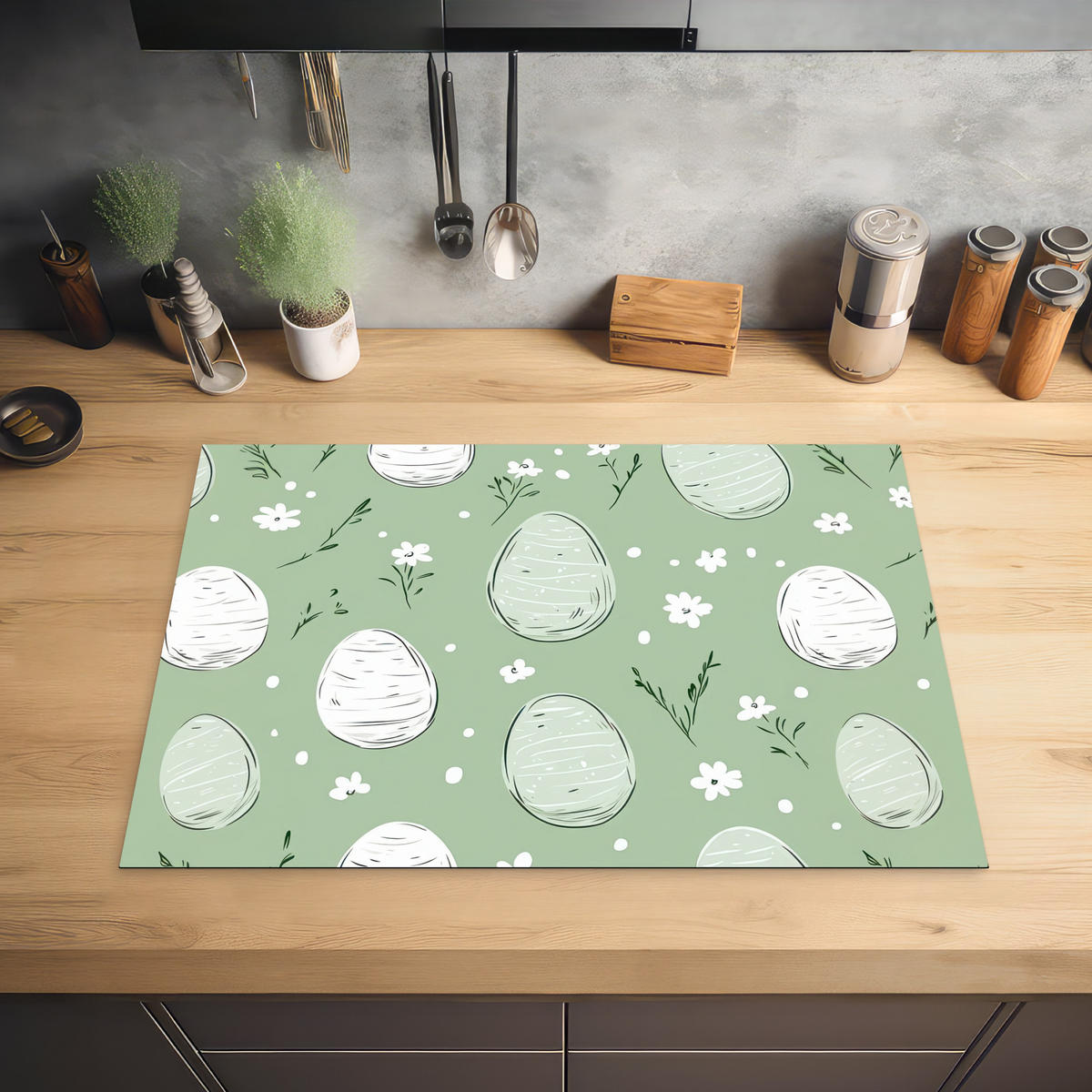 HERDABDECKPLATTE Grün - Eier - Muster Herdabdeckung Induktionsfeld 75x52 cm - Waldgrün, Kunststoff (75/52/0.2cm) - MuchoWow