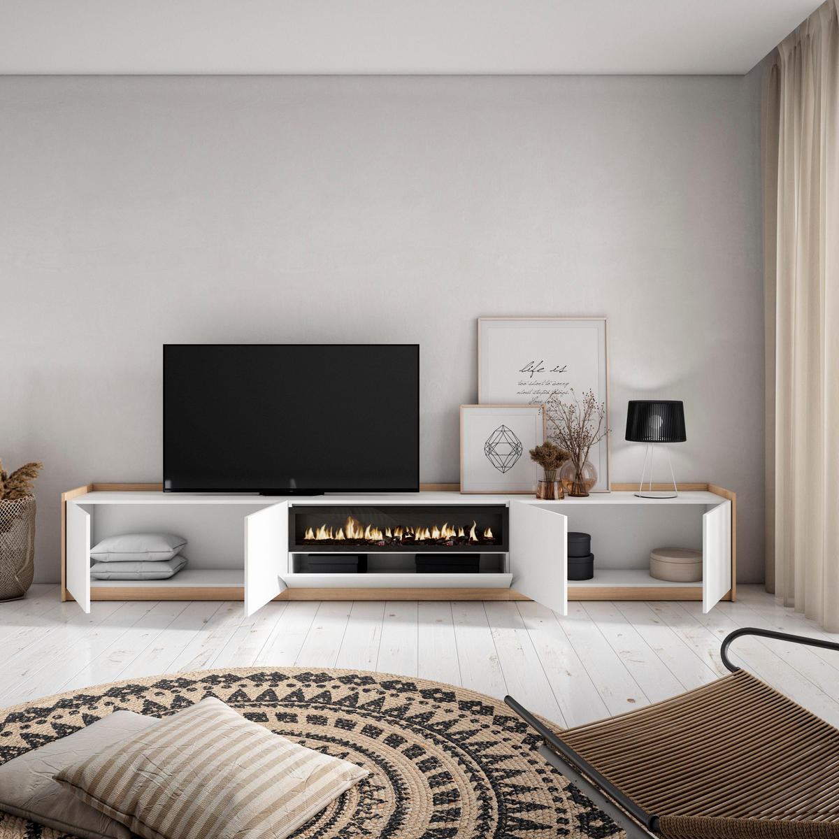 TV-SCHRANK, Lowboard, Weiß und Eiche Soft, Elektrokamin, 310/37/50cm - Weiß, Holzwerkstoff (310/50/37cm) - Skraut Home