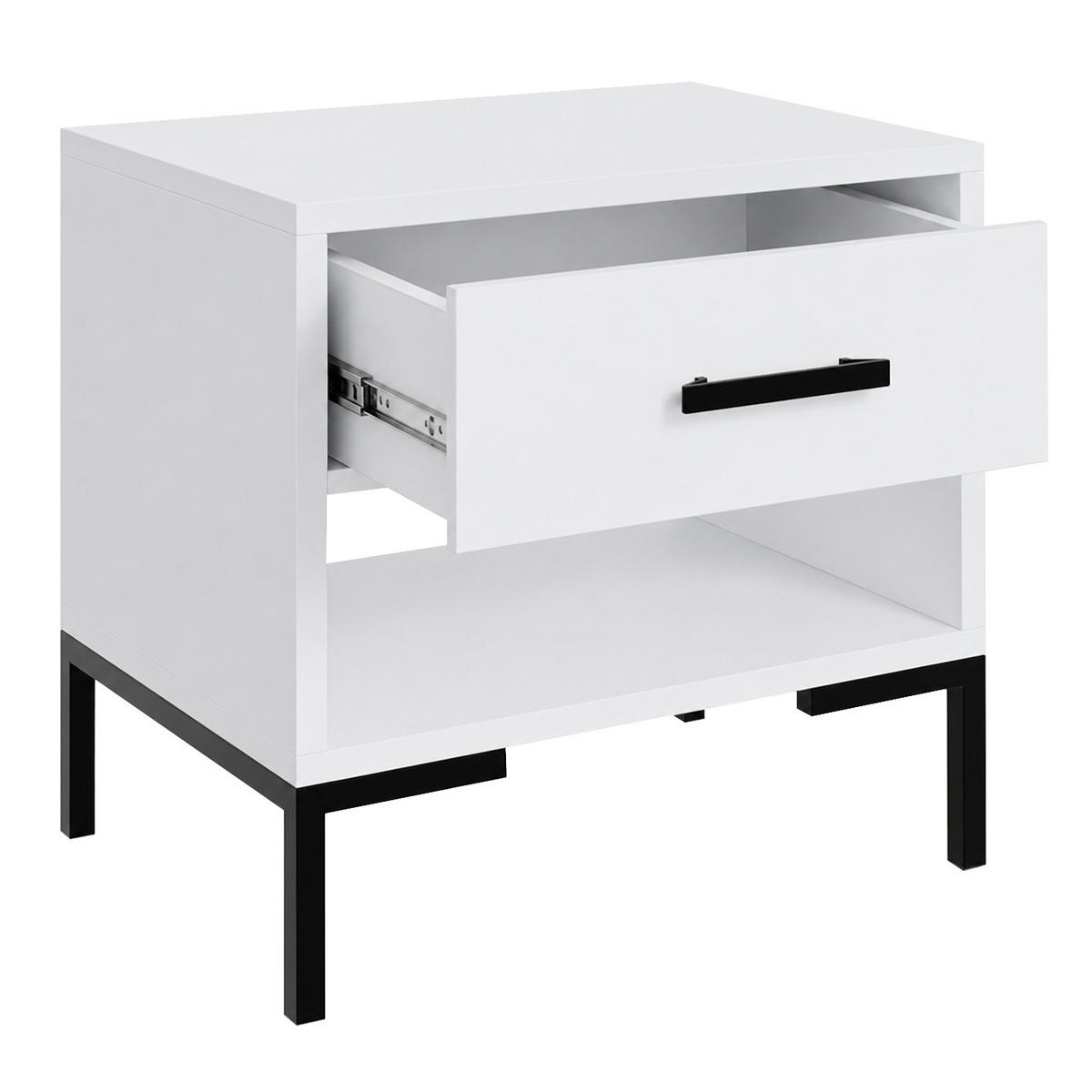NACHTTISCH Selena mit Schublade und offenem Fach, Metallfüße, Selbstschließer, Weiß, 52 cm - Schwarz/Weiß, Holzwerkstoff/Metall (52/55/40cm) - Beautysofa