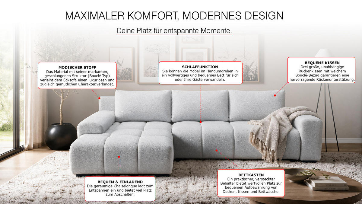 ECKSOFA Ovia mit Bettkasten und Schlaffunktion, Bouclé-Stoff in L-Form - Hellgrau, Textil (270/185cm)