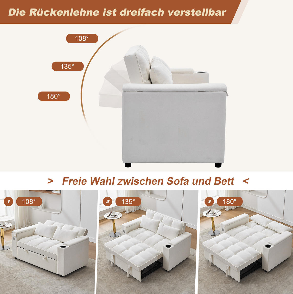 SCHLAFSOFA, Stoff mit USB-Anschluss & verstecktem Tisch, 140,5/74/82 cm, Beige - Beige, Textil (140.5/82/74cm) - Redom