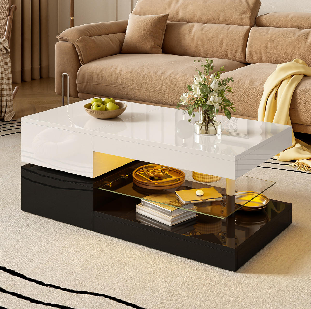 COUCHTISCH aus Holzwerkstoff 90/45/35,5 cm mit LED-Beleuchtung, APP- & Bluetooth-Steuerung und Glasablage, Schwarz/Weiß - Weiß, Holzwerkstoff (90/45/35.5cm) - Redom