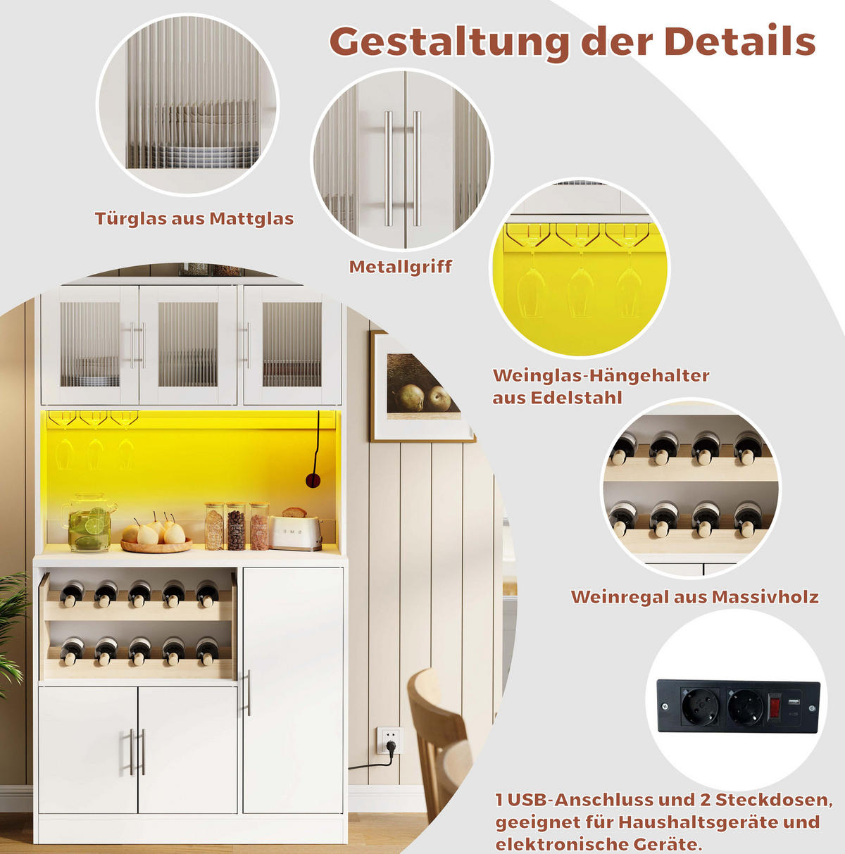 BUFFET aus MDF 100x40x180 cm Weiß mit RGB-LED, Steckdosenleiste, Weinglashalter und Weinregal - Weiß, Holzwerkstoff (100/180/40cm) - Modfu
