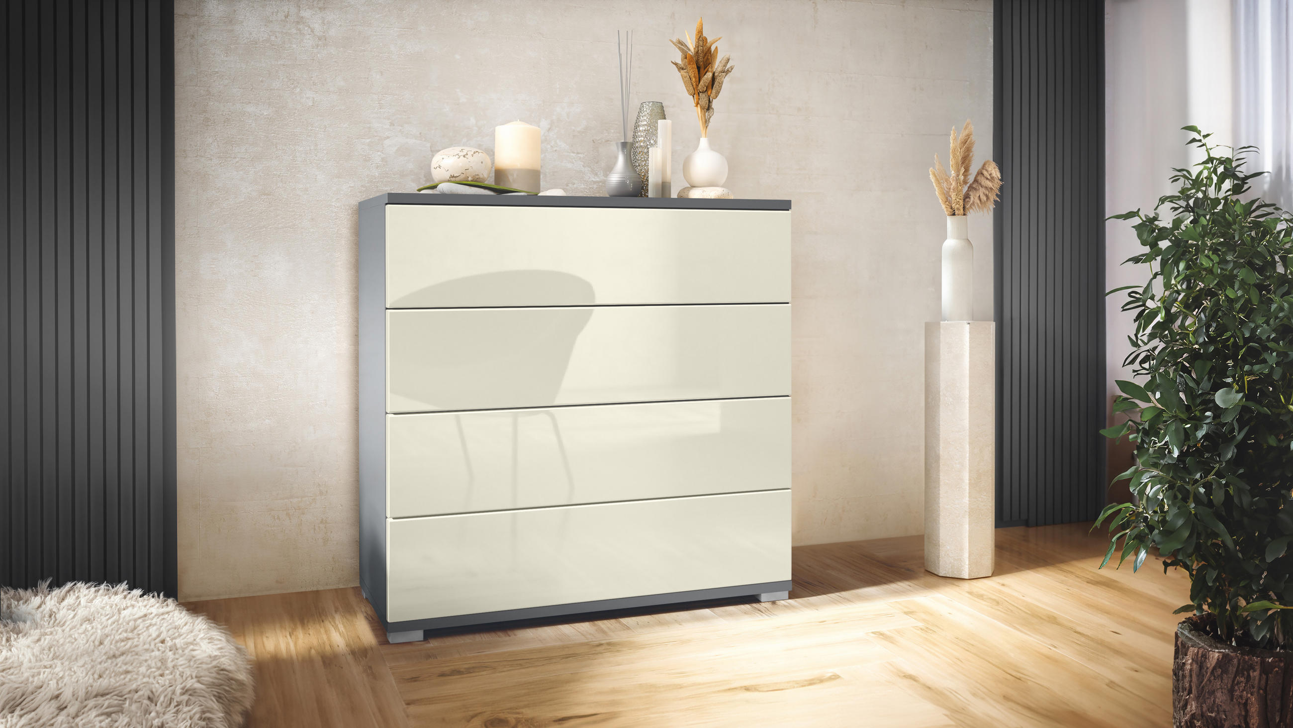 KOMMODE Pavos Creme Hochglanz - Creme, Holzwerkstoff (76/76/35cm) - Vladon