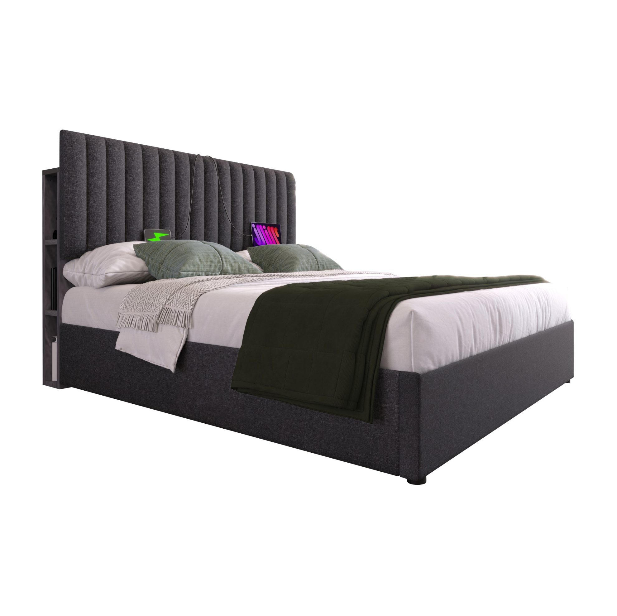 ČALOUNĚNÁ postel 140/200 cm, šedá, len, LED s úložným prostorem a USB-C - šedá, textil (140/200cm) - BEAOK