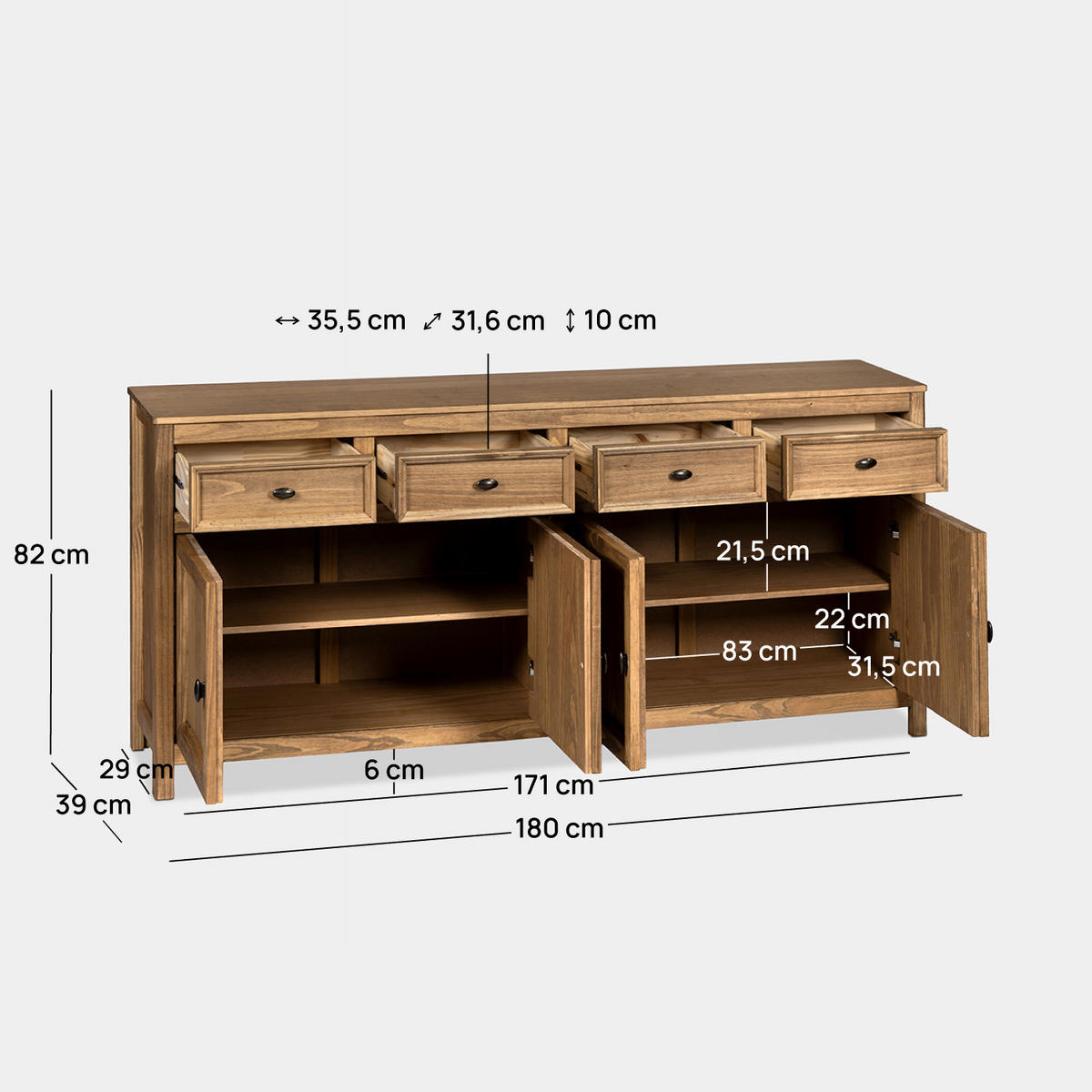 ANRICHTE NIEDRIGE Serena Natürlich 180 cm x 82 cm - Naturfarben, Holz (180/82/39cm) - Klast Home