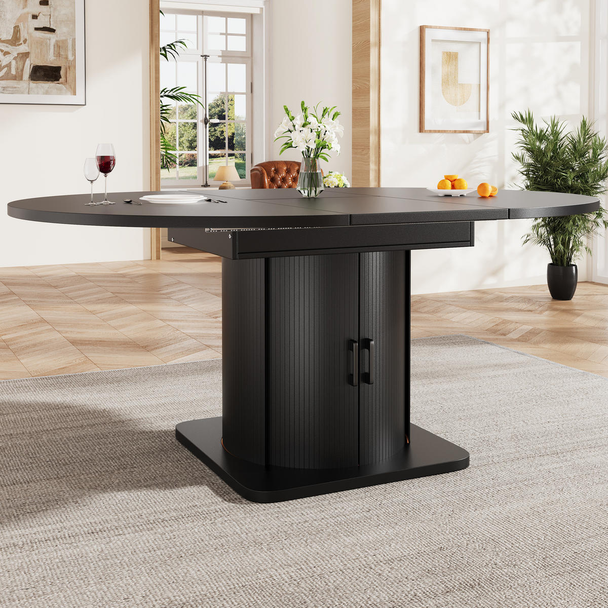 ESSTISCH in Schwarz Runder Küchentisch mit 118-158 ausziehbarer Tisch und Schubladen, 118-158/118/76cm - Schwarz, Holzwerkstoff (118/118/76cm) - STILVORA