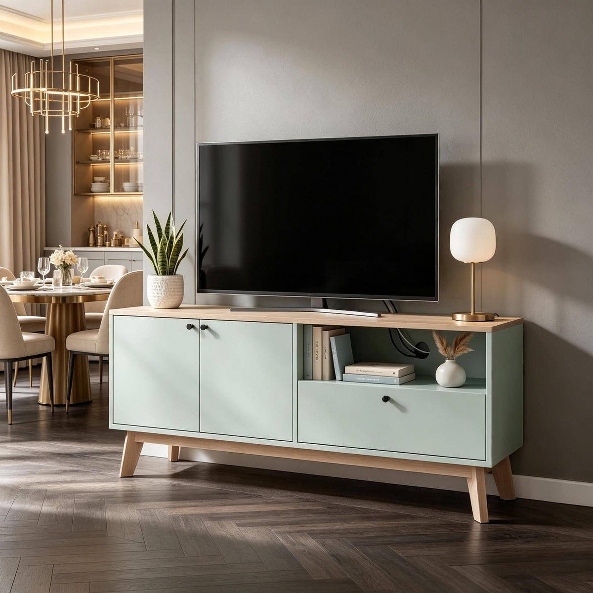 TV-SCHRANK 120/35/50 cm Hellgrün Eiche mit 1 Schublade und 2 Türen - Eichefarben, Holzwerkstoff (120/50/35cm) - Oxeza