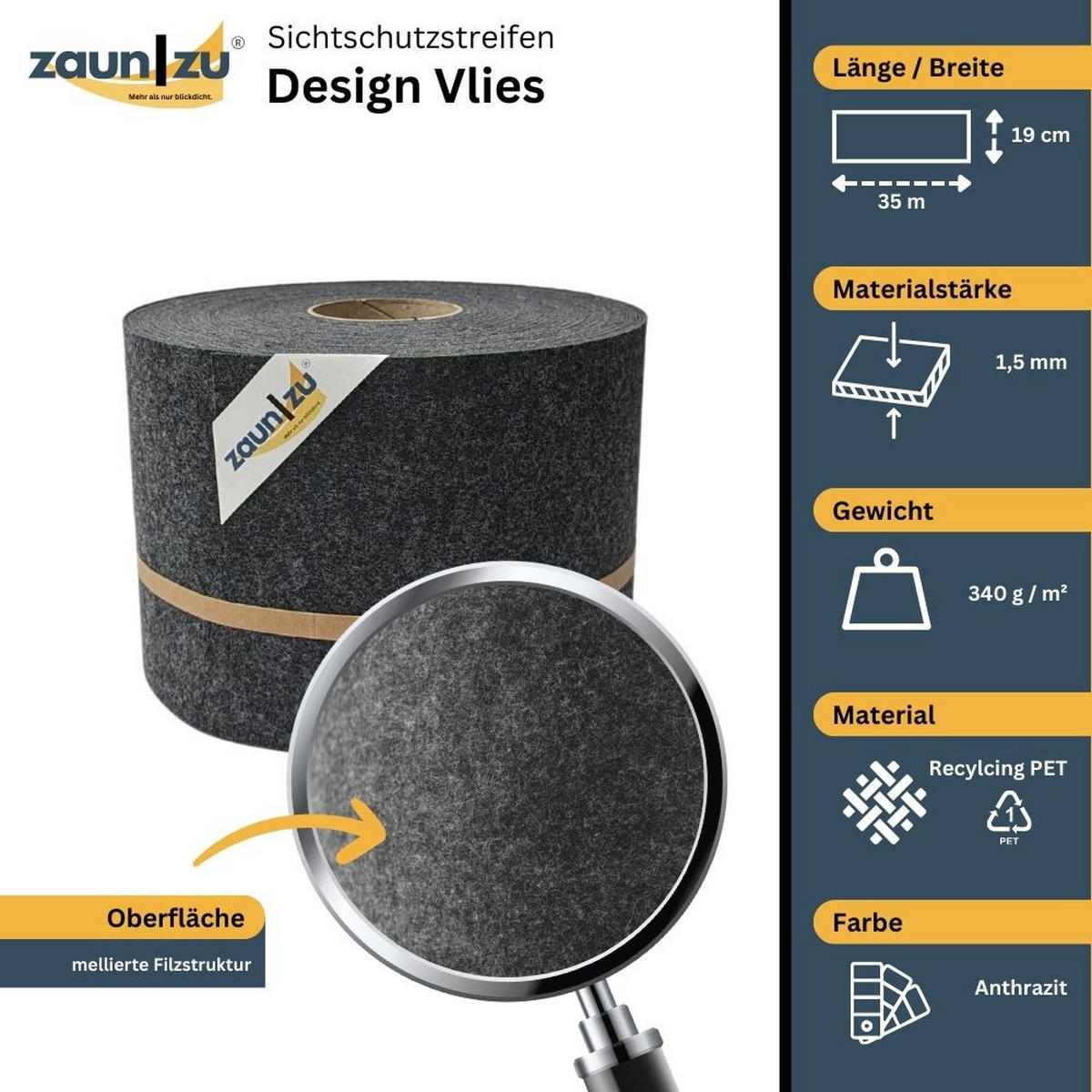 SICHTSCHUTZSTREIFEN Design Vlies für Doppelstabmatten Anthrazit 35m - Anthrazit, Kunststoff (3500/19cm) - ZAUN|ZU