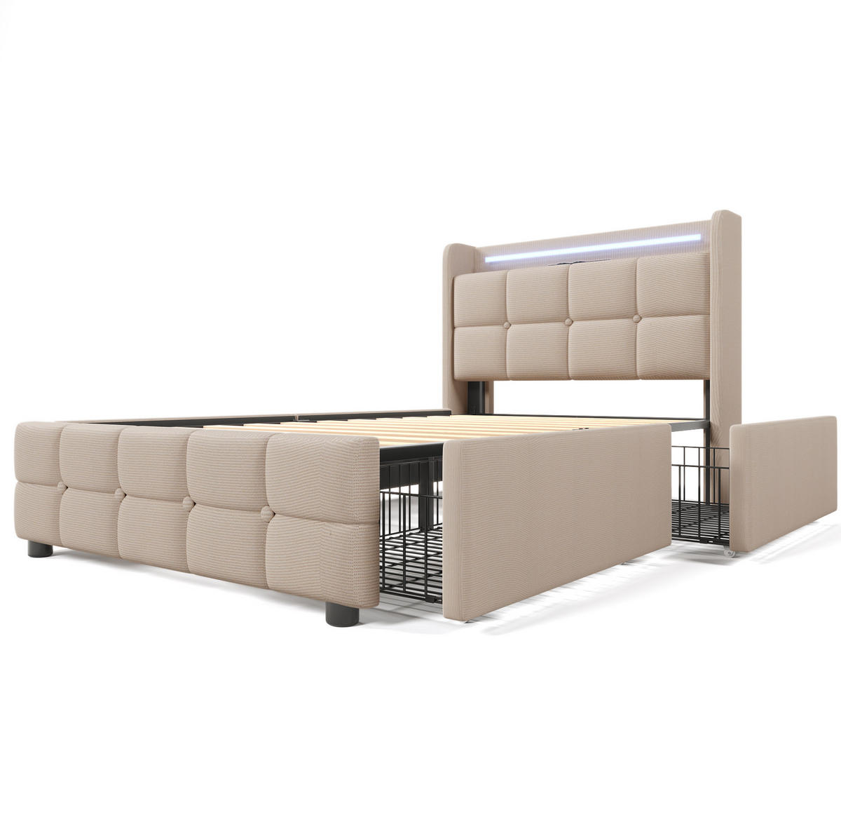 POLSTERBETT 220/94,5/103,5 cm beige aus Holz mit USB, LED, Matratze - Beige, Holzwerkstoff (90/200cm) - OKWISH