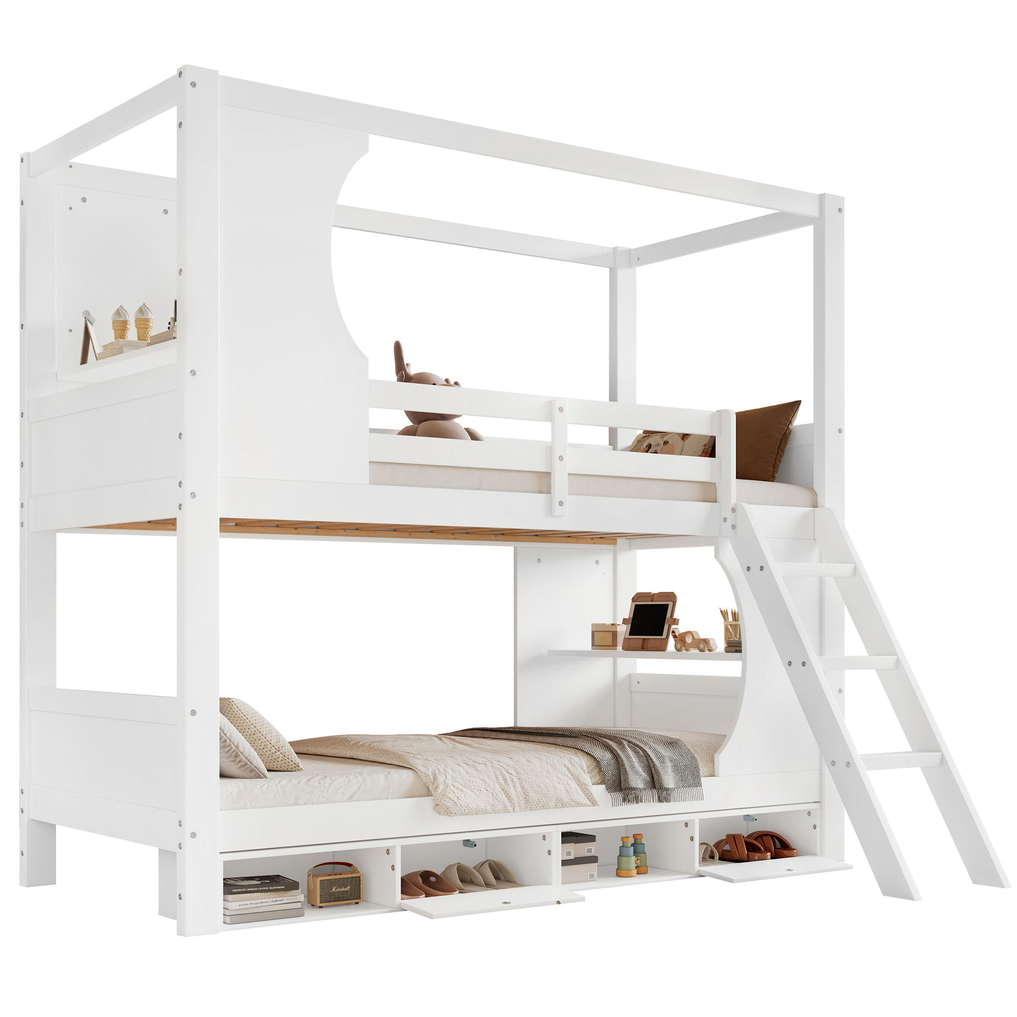 ETAGENBETT 90/200 cm Weiß mit Tisch und Schuhschrank aus Kiefer und MDF - Weiß, Holzwerkstoff (90/200cm) - OKWISH