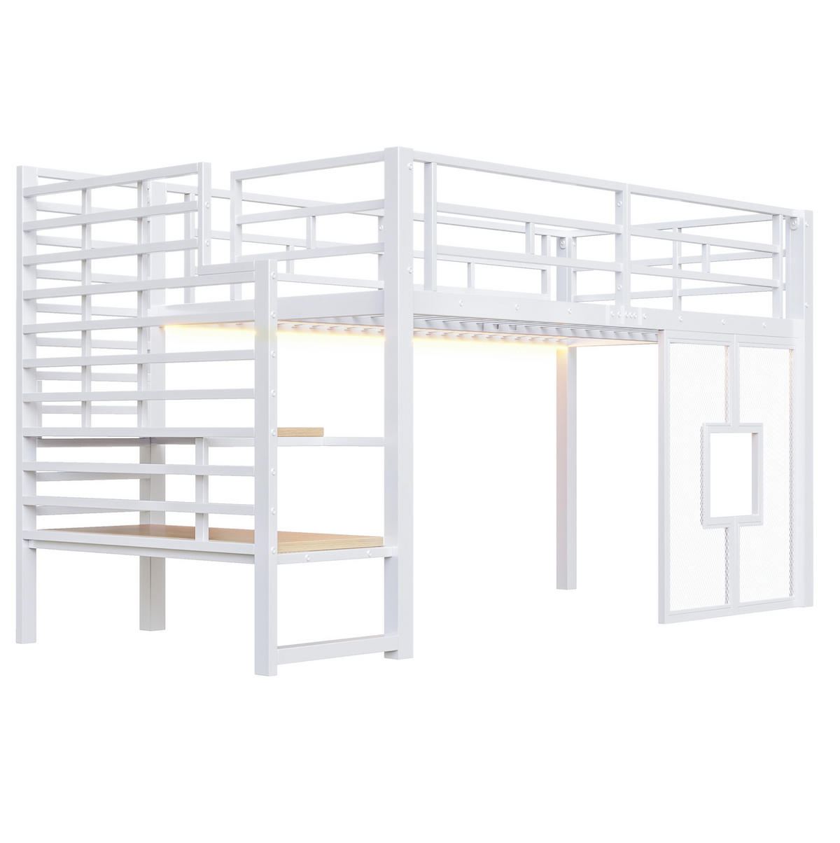 HOCHBETT 90/200 cm aus Metall und MDF mit Treppe Stauraum und LED-Beleuchtung Weiß - Weiß, Metall (90/200cm) - Modenvie
