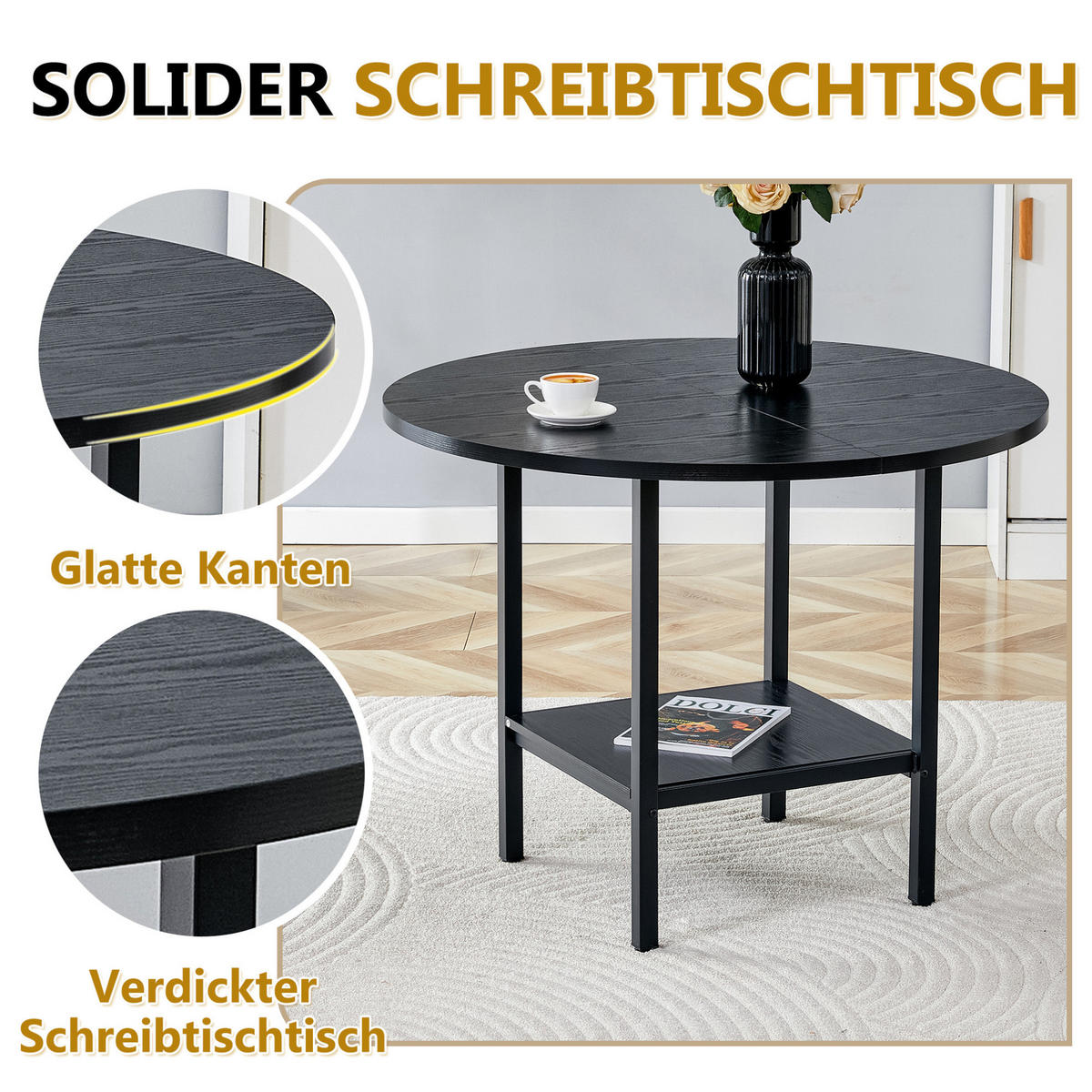ESSTISCH aus MDF und Metall 100x100x77 cm Schwarz mit Stauraumablage, rundes Design für 4-6 Personen - Schwarz, Holzwerkstoff (100/100/77cm) - Modfu