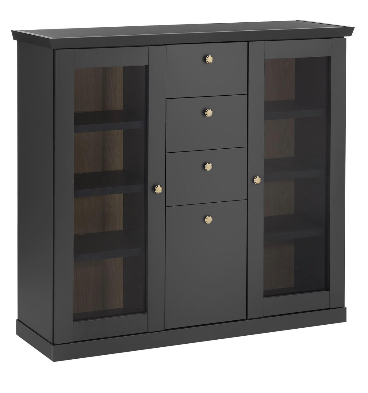 HIGHBOARD schwarz matt, Eiche 129 cm, Kommode Landhaus mit Soft-Close - Eichefarben/Messingfarben, Glas/Holzwerkstoff (129/117/42cm) - Furn.Design