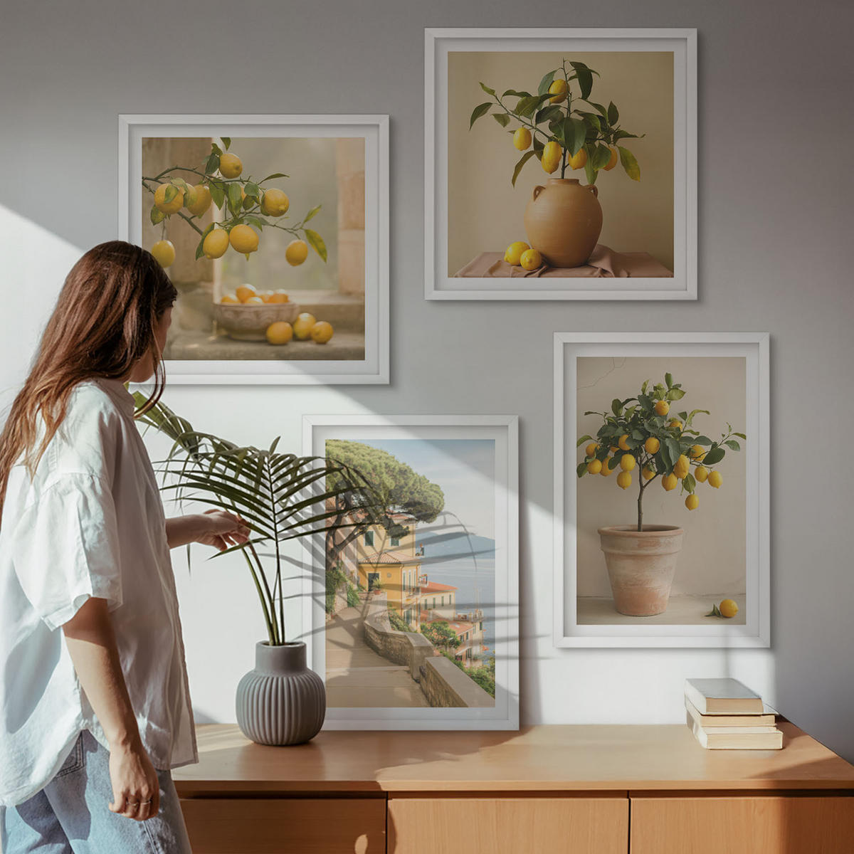 BILDER SET 4er Set - 50x50 cm & 40x60 cm Weißer Rahmen - Zitronenbäume im Topf - Weiß, Kunststoff (50/50cm) - TULUP