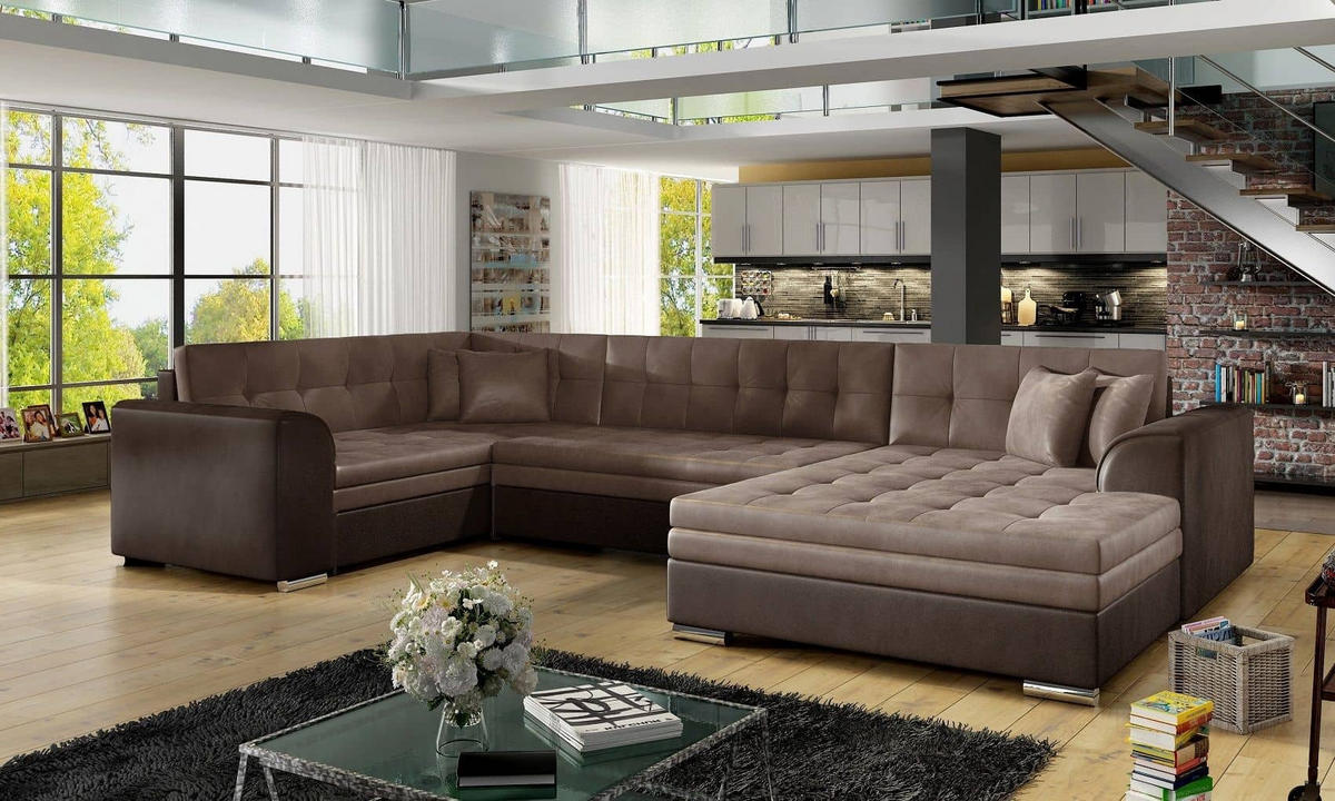 WOHNLANDSCHAFT mit Schlaffunktion, Monolith-Stoff - Chromfarben/Braun, Textil/Metall (338/78/189cm) - Eltap